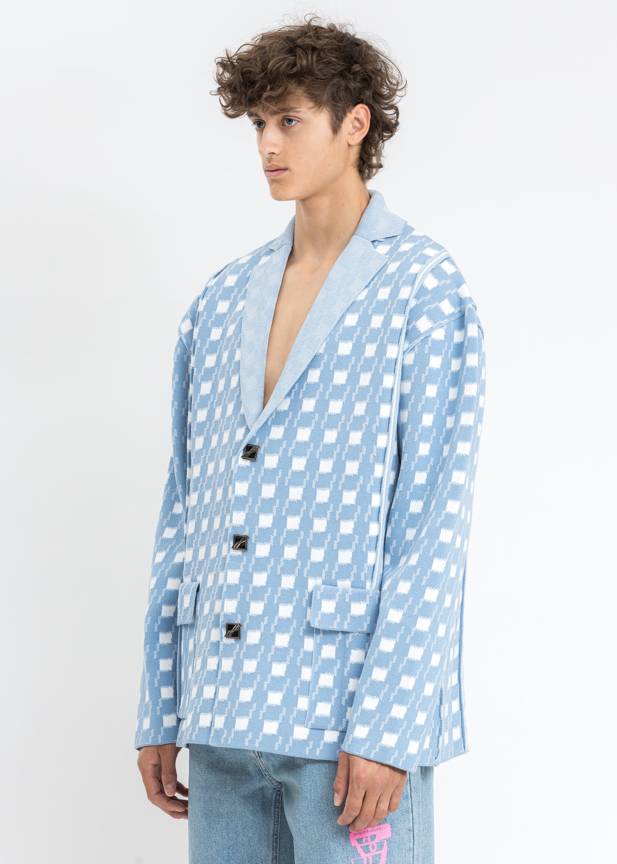 Sky Blue Gingham Check Oversize Jacquard Jacket - Image 3