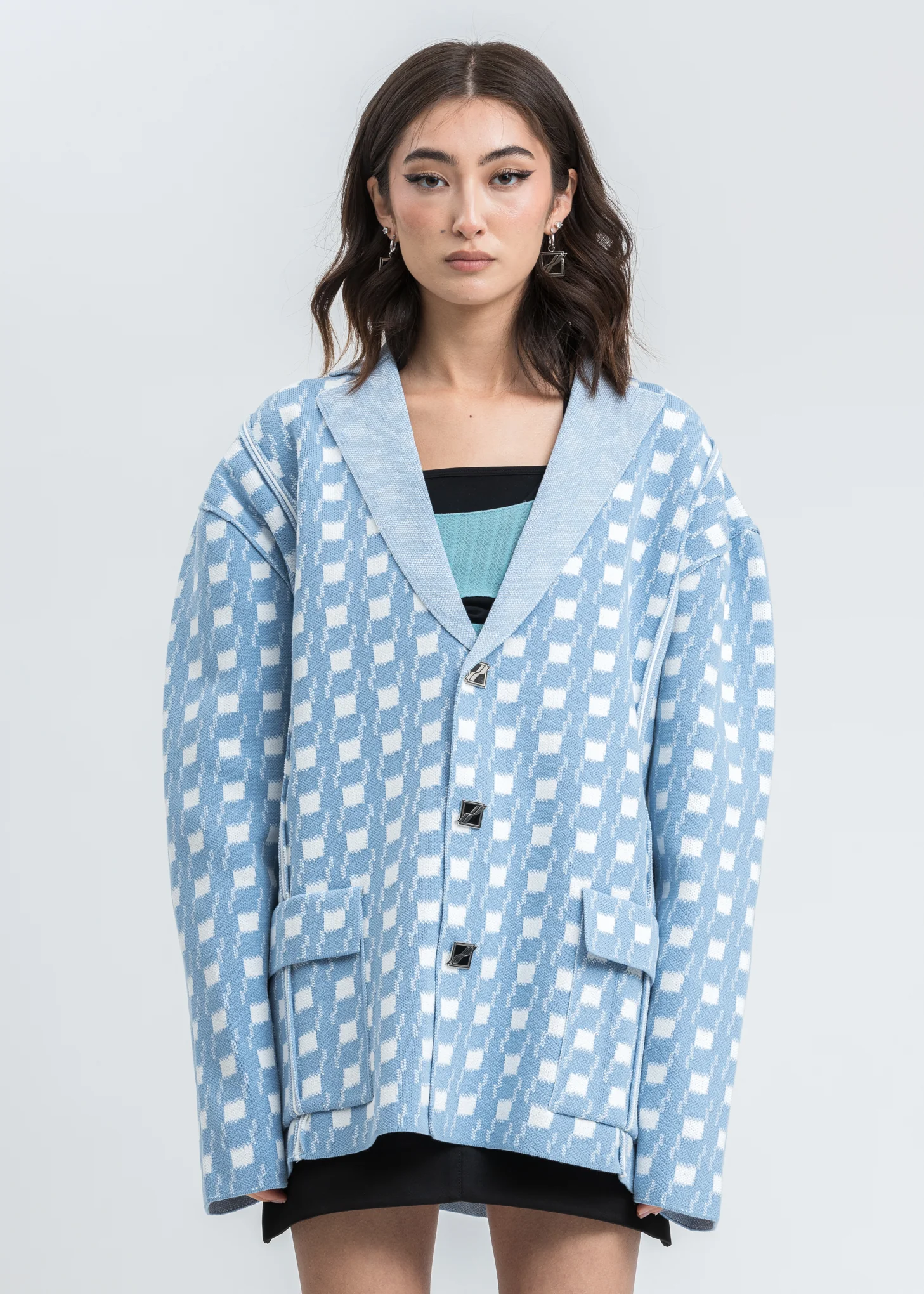 Sky Blue Gingham Check Oversize Jacquard Jacket