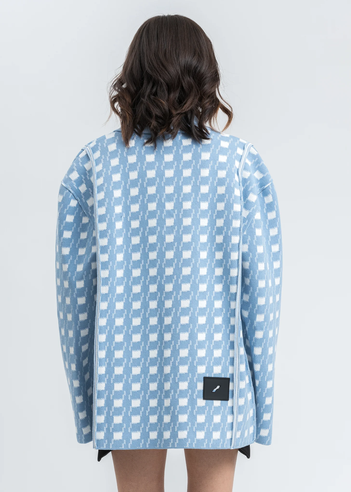 Sky Blue Gingham Check Oversize Jacquard Jacket - Image 2