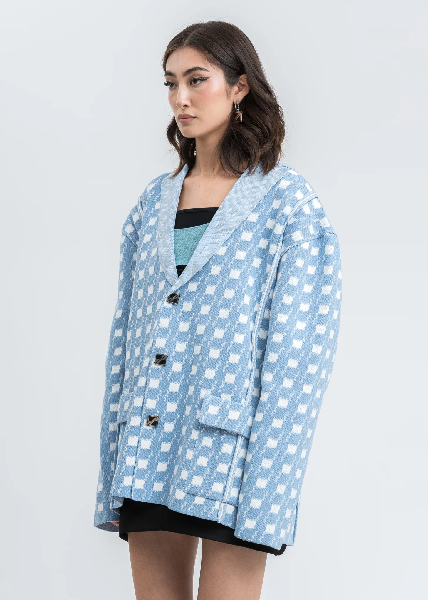 Sky Blue Gingham Check Oversize Jacquard Jacket - Image 3