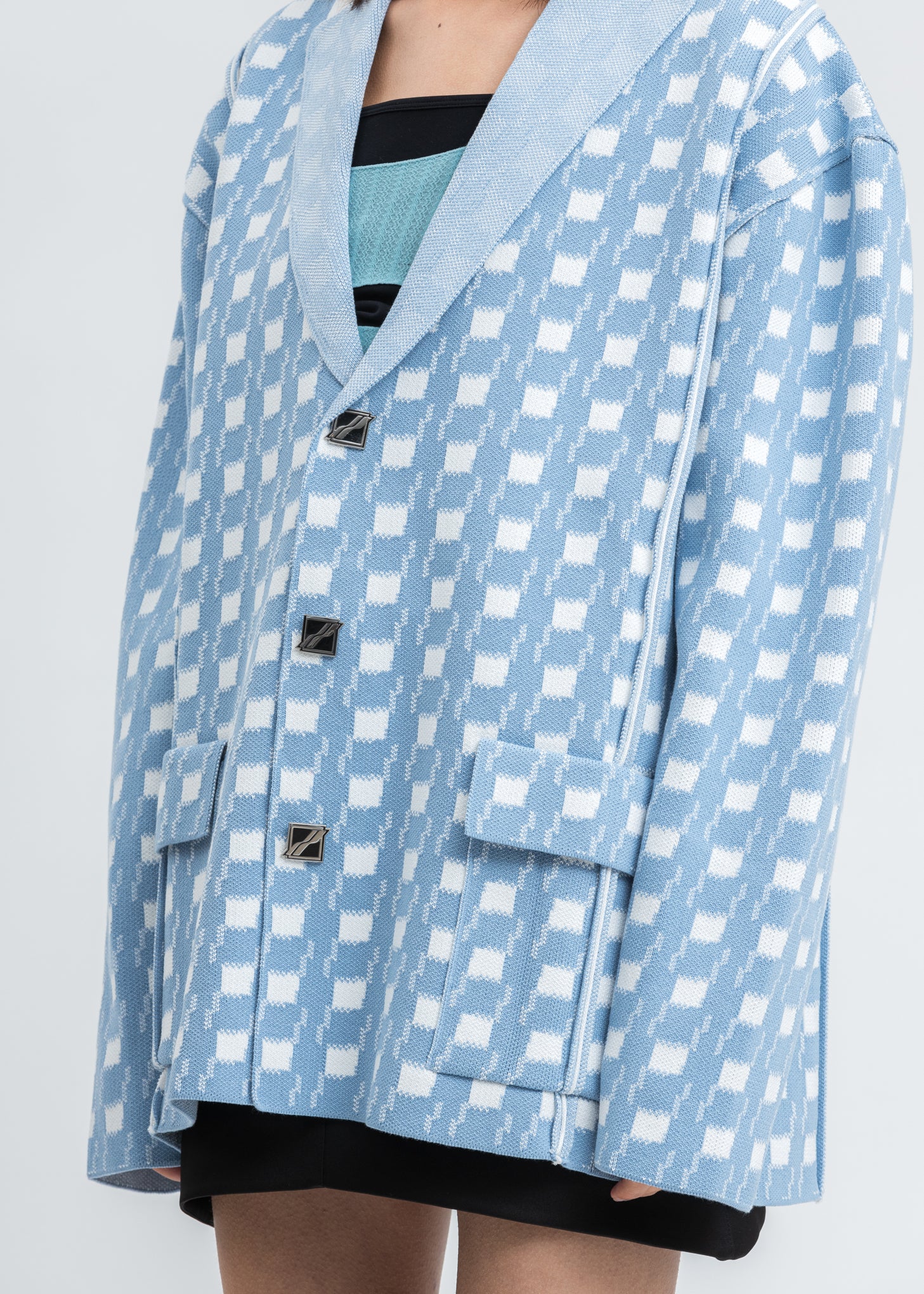 Sky Blue Gingham Check Oversize Jacquard Jacket - Image 4