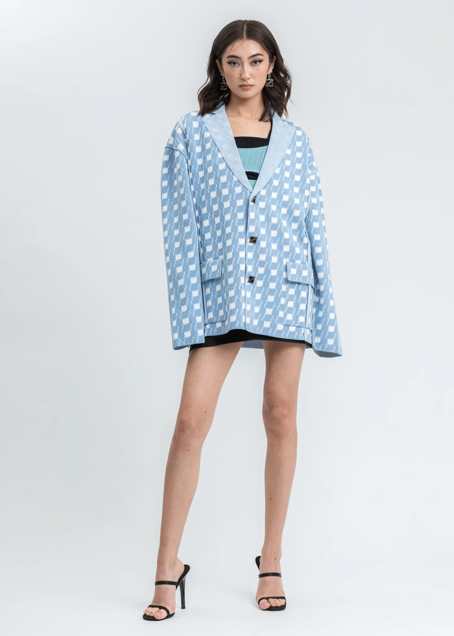 Sky Blue Gingham Check Oversize Jacquard Jacket - Image 5