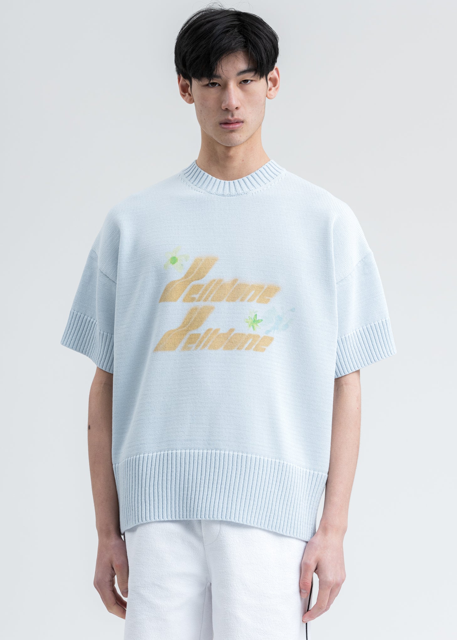 Sky Blue Printed Short Sleeve Sweater