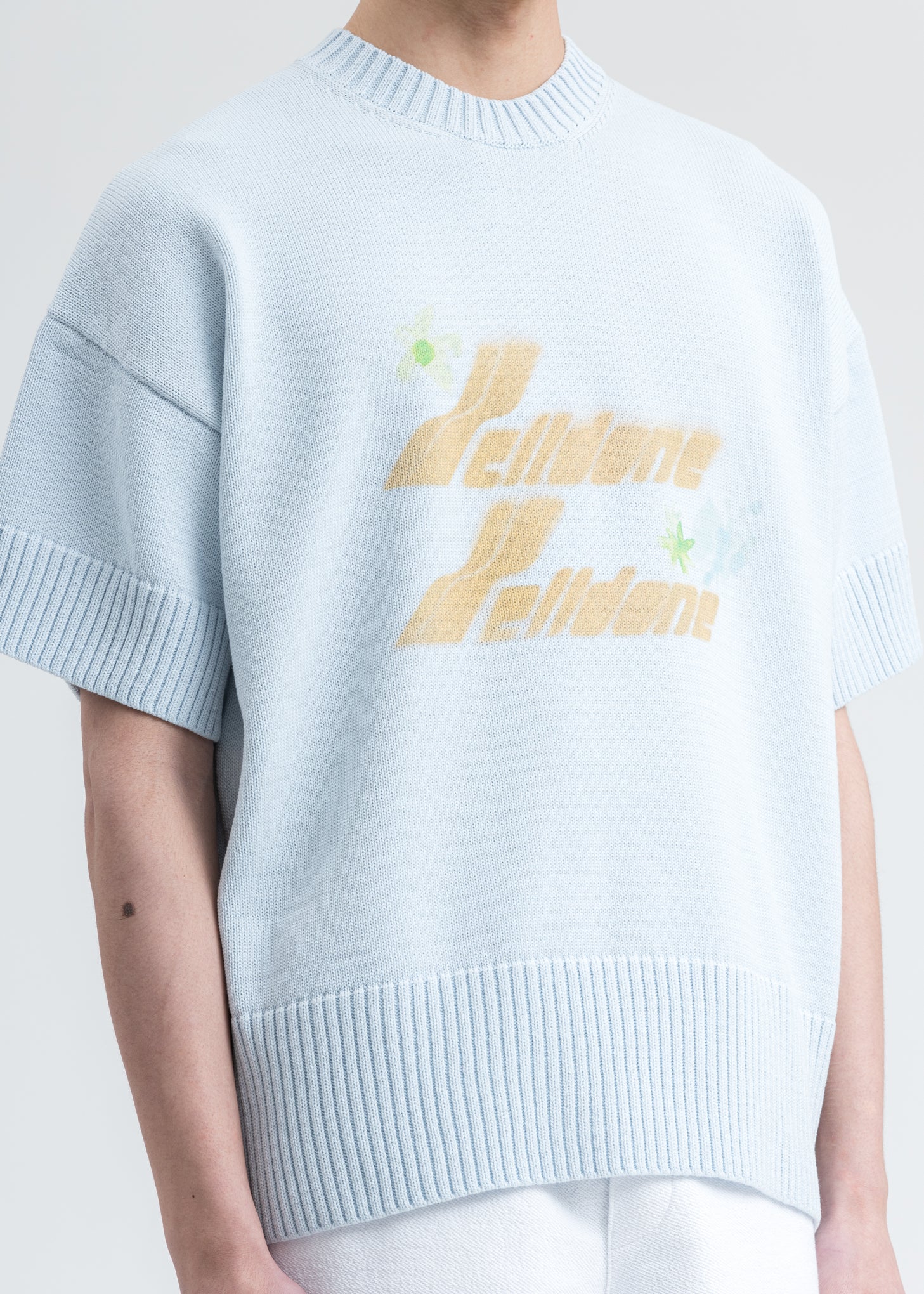 Sky Blue Printed Short Sleeve Sweater - Image 5
