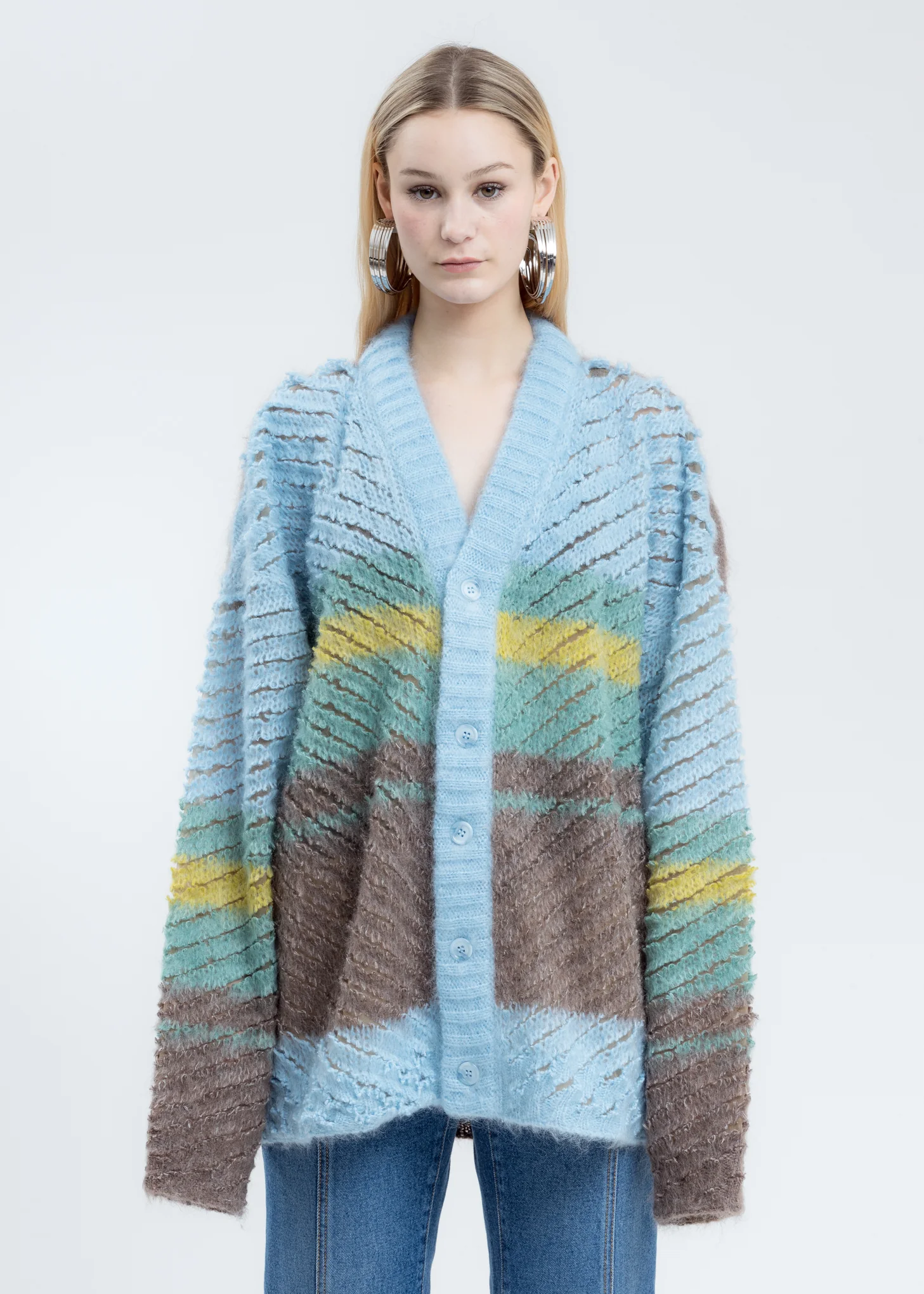 Sky Blue Striped Loop Knit Cardigan