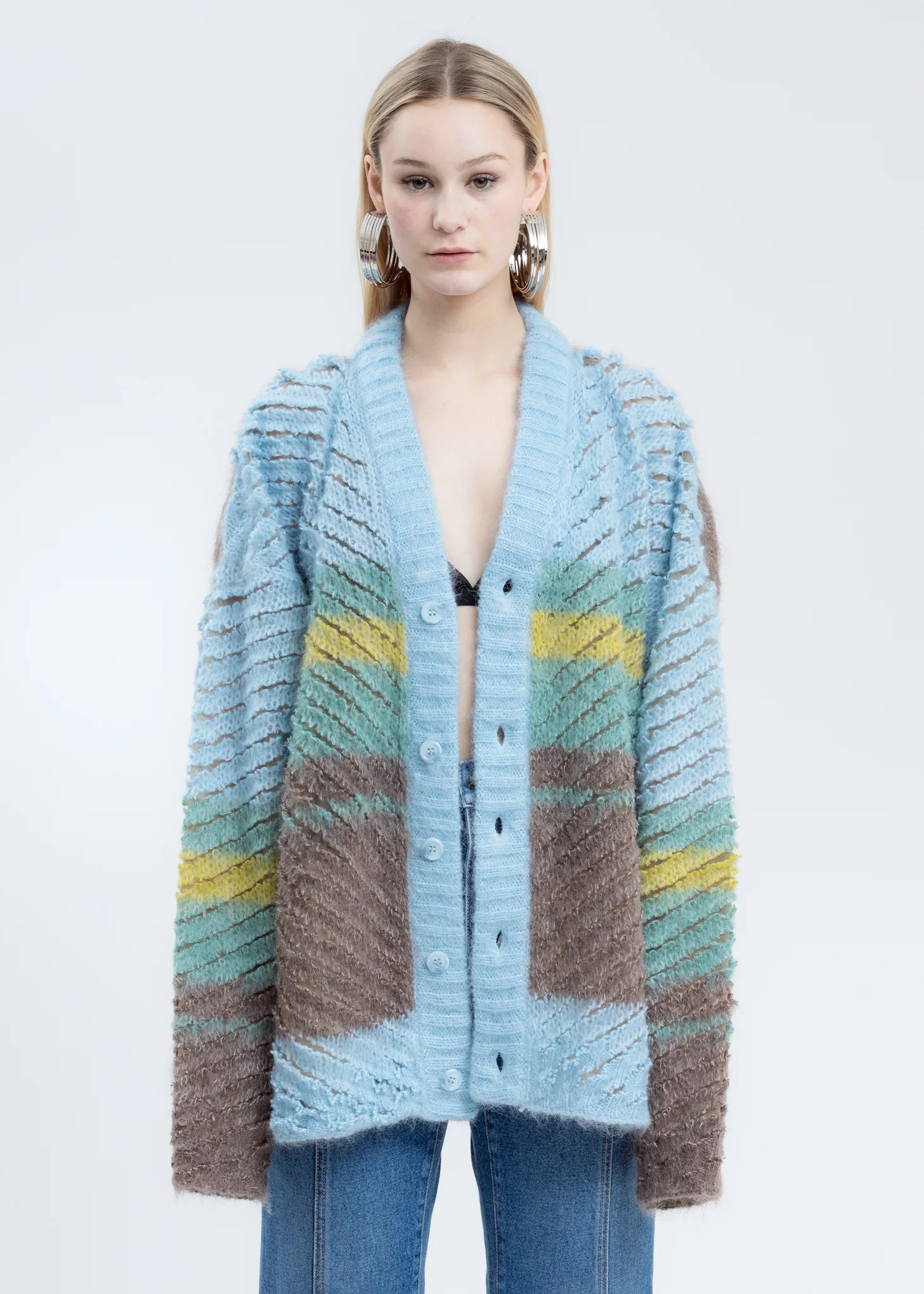Sky Blue Striped Loop Knit Cardigan - Image 4