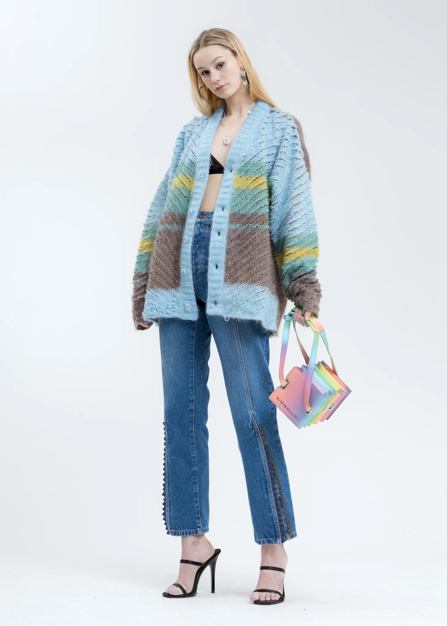 Sky Blue Striped Loop Knit Cardigan - Image 6