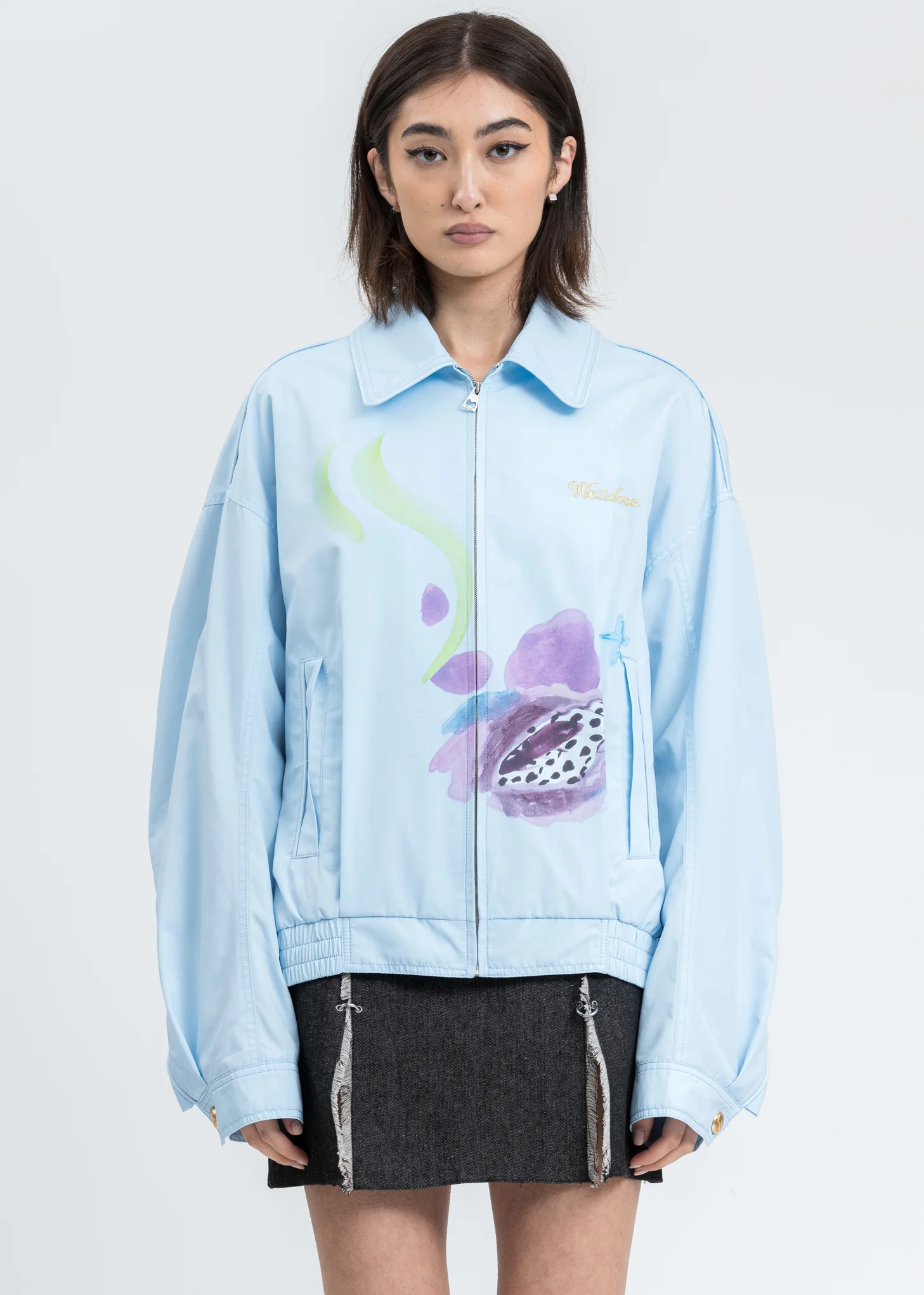 Sky Color Logo Embroidery and Piping Printed Jacket