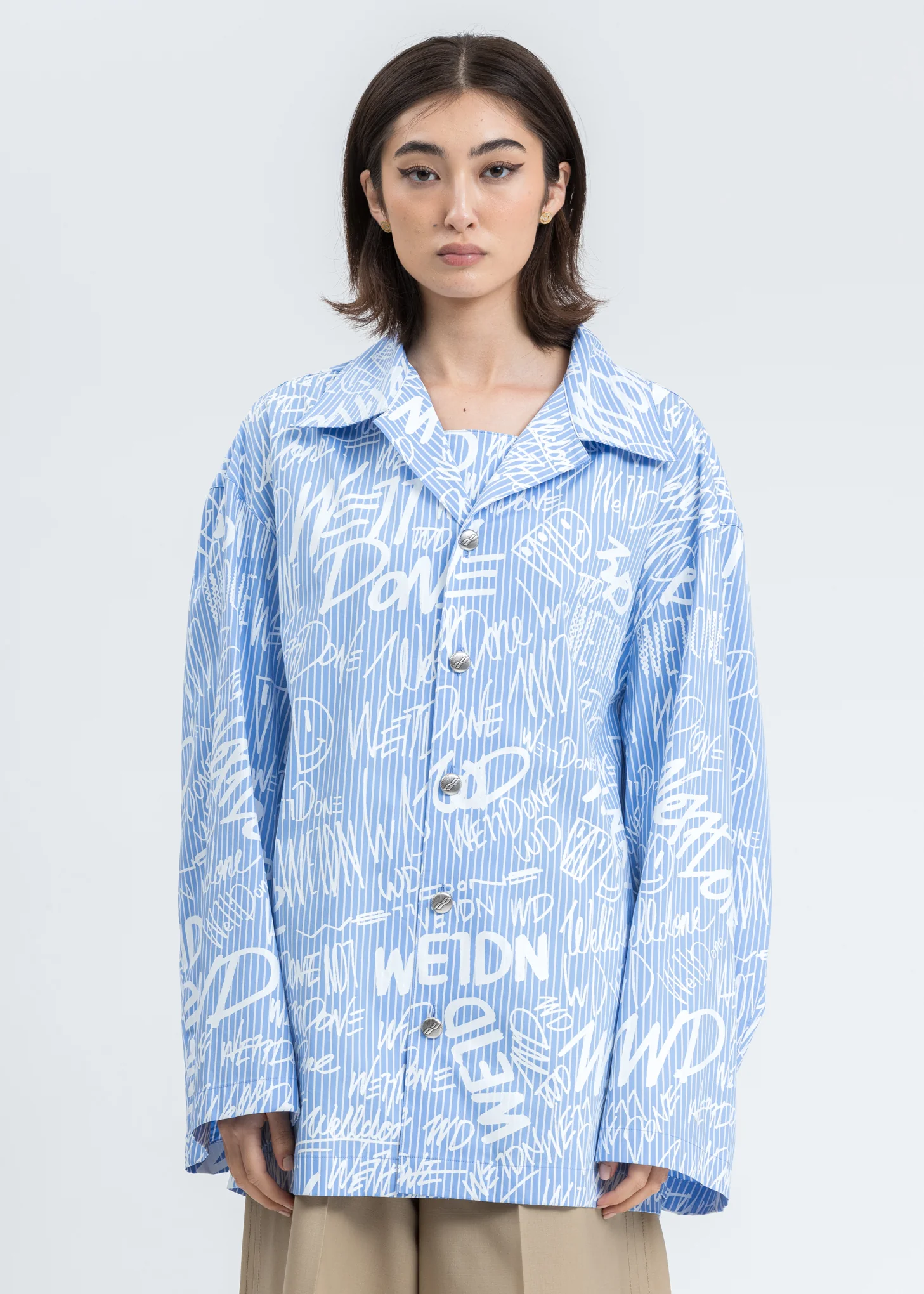 Sky Color Striped Allover Logo Shirt
