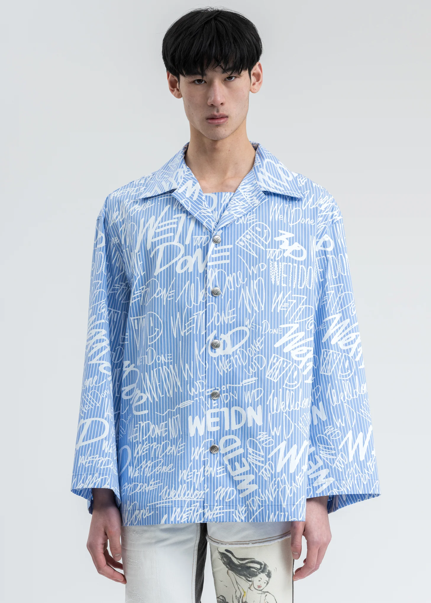 Sky Color Striped Allover Logo Shirt