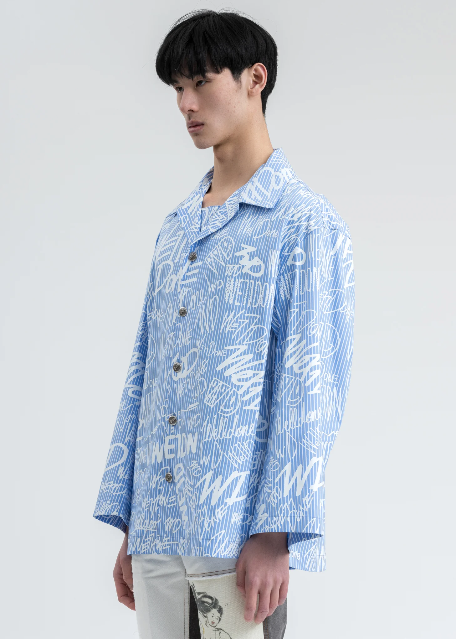 Sky Color Striped Allover Logo Shirt - Image 3