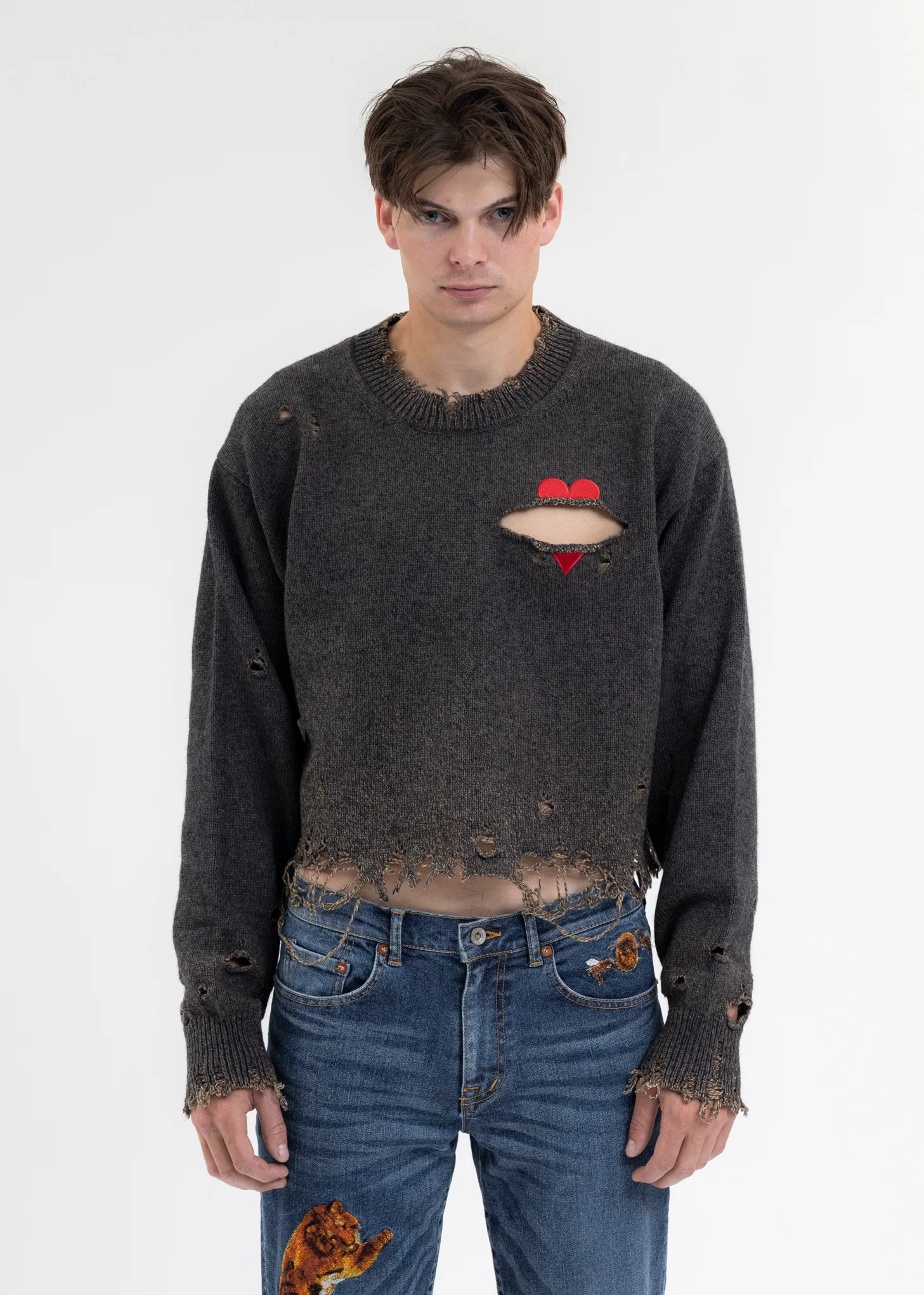 TOP GREY BROKEN HEART KNIT PULLOVER