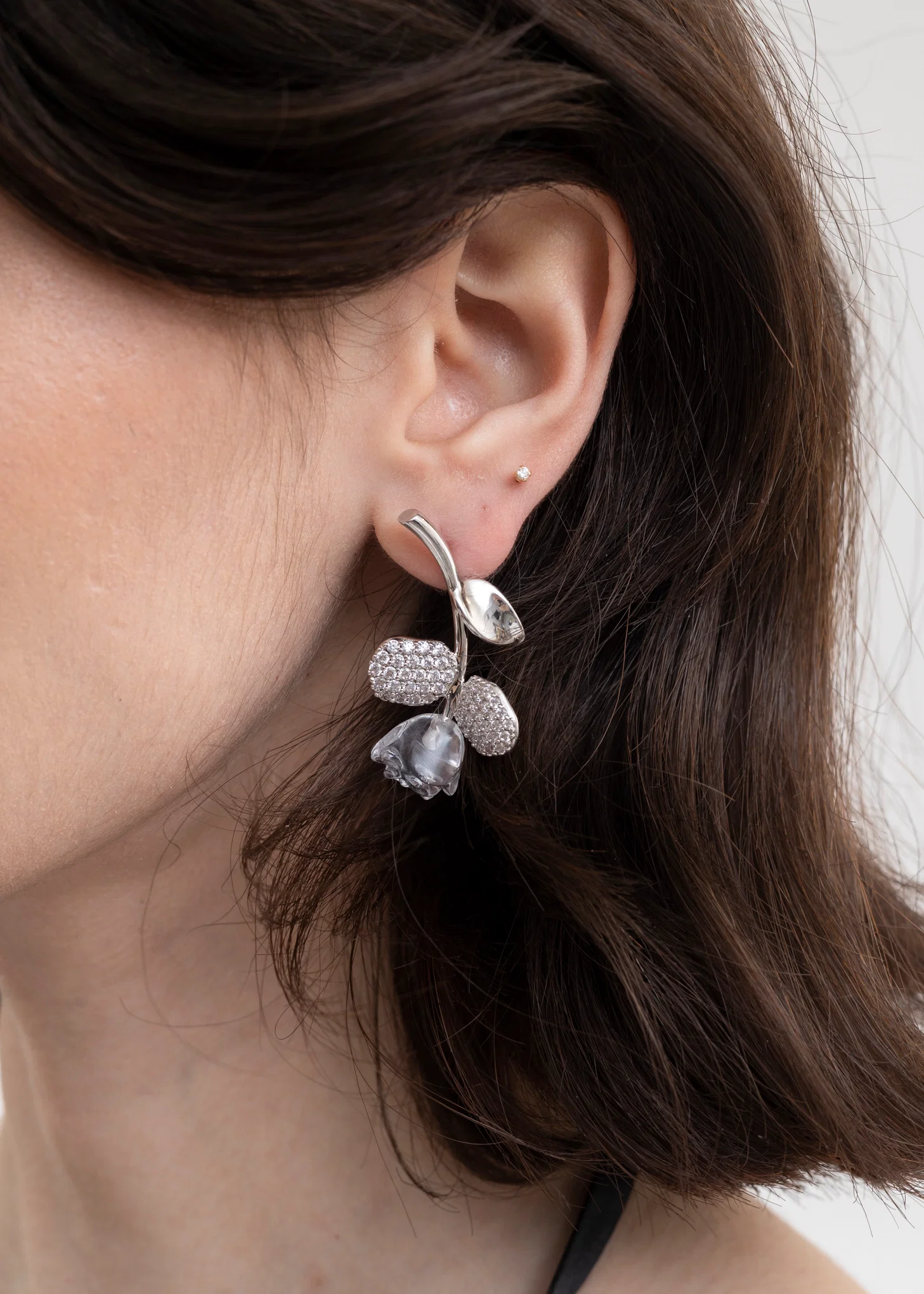 Upside Down Clear Rose Pave Earring - (Single) - Image 3