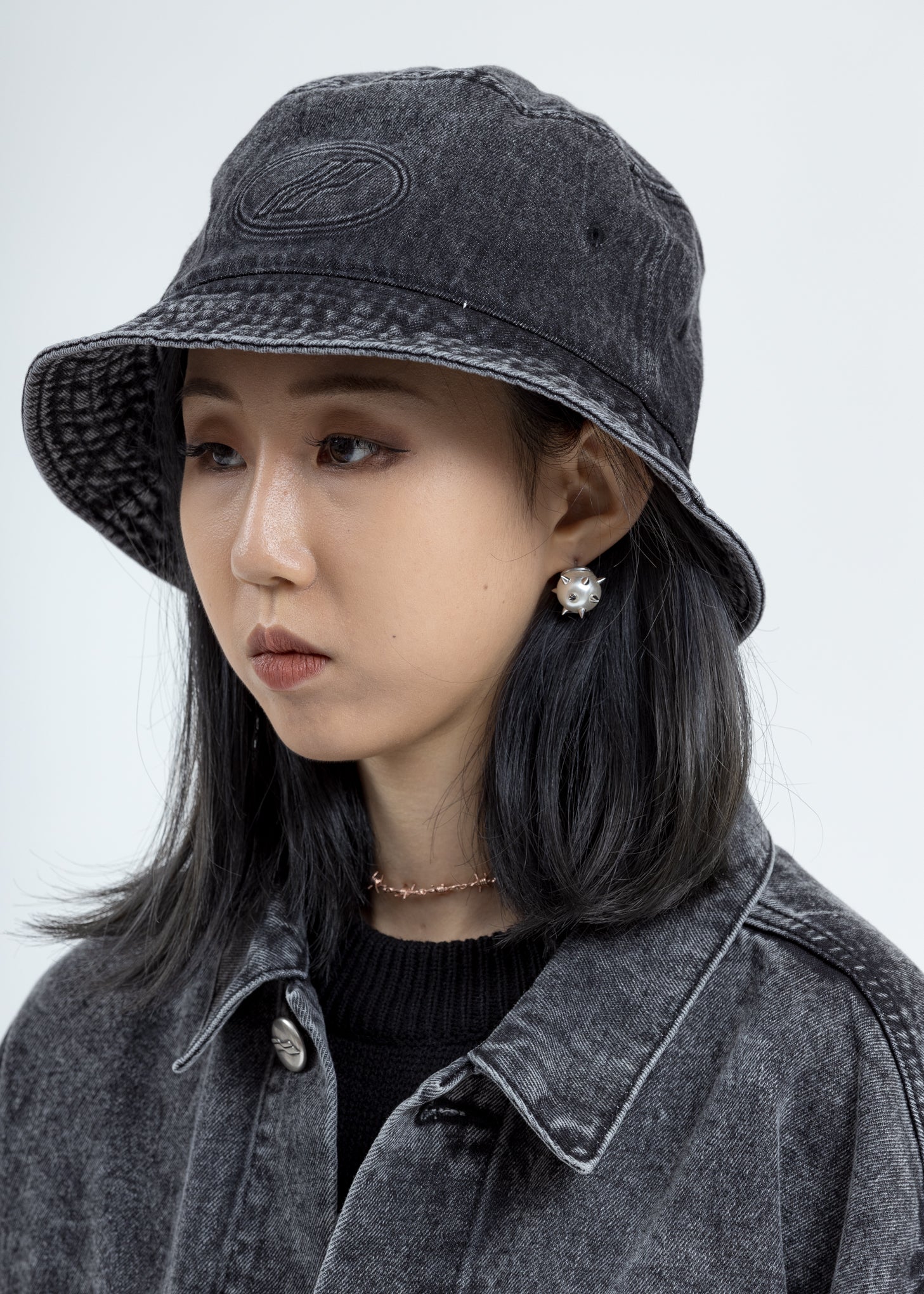 Wash Black WD Logo Embossed Denim Bucket Hat