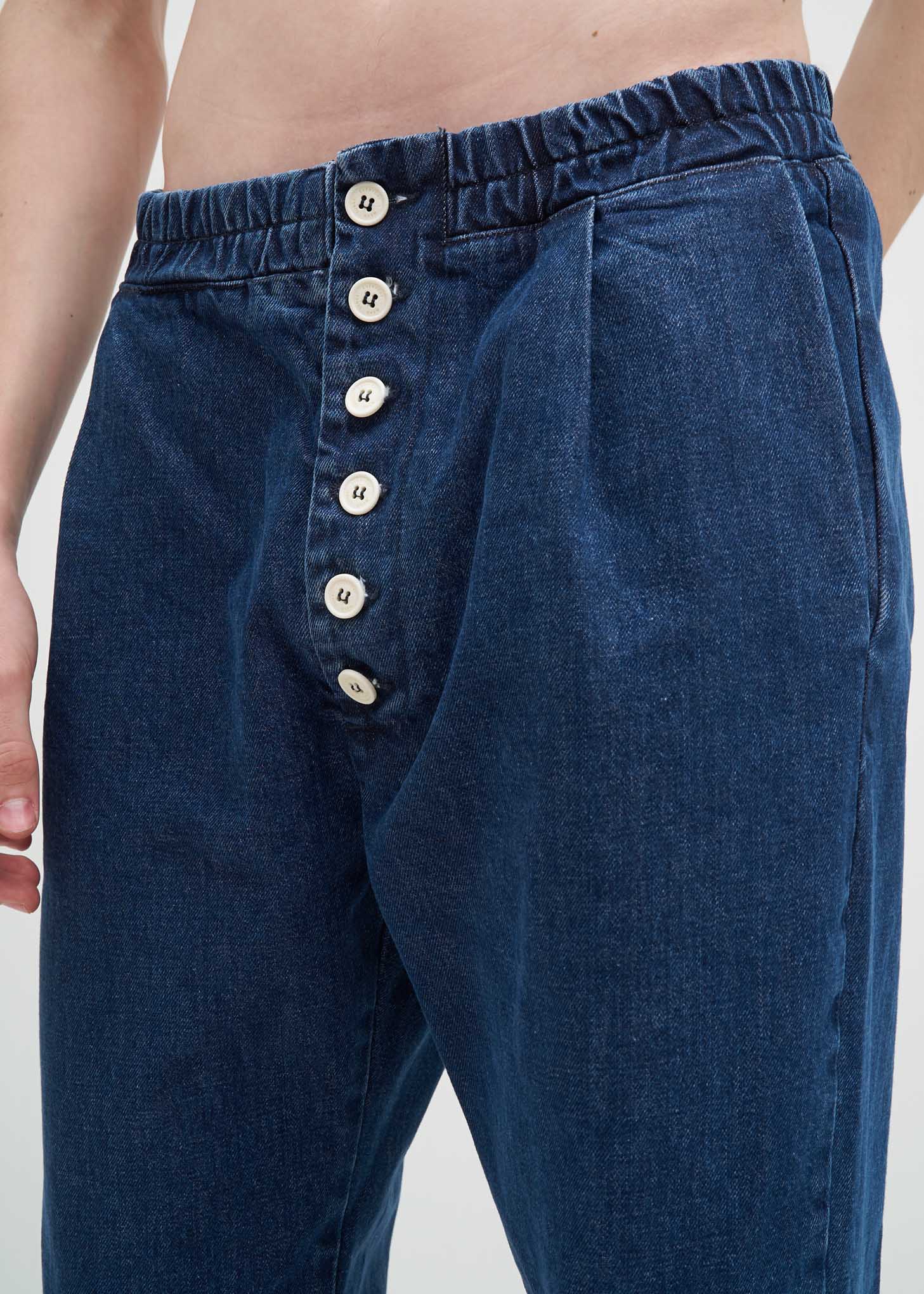 Washed Denim Elastic Pants w/ Buttons - Image 4