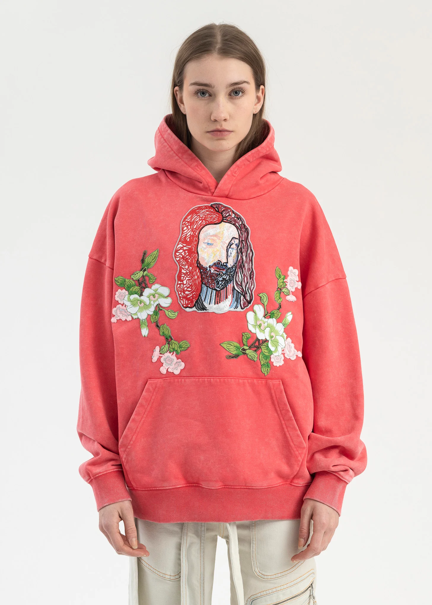 WASHED RED EMBROIDERY PATCHWORK  HOODIES