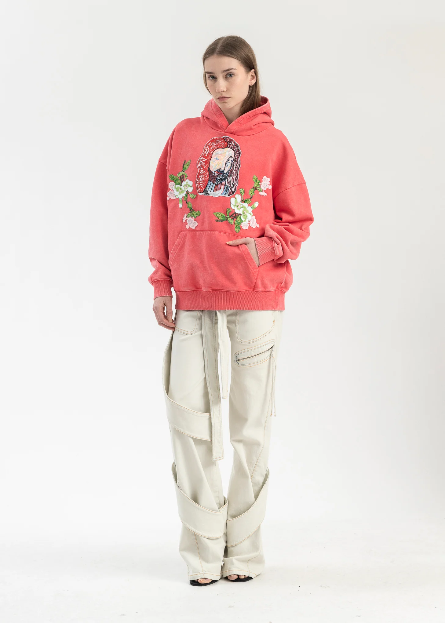 WASHED RED EMBROIDERY PATCHWORK  HOODIES - Image 5
