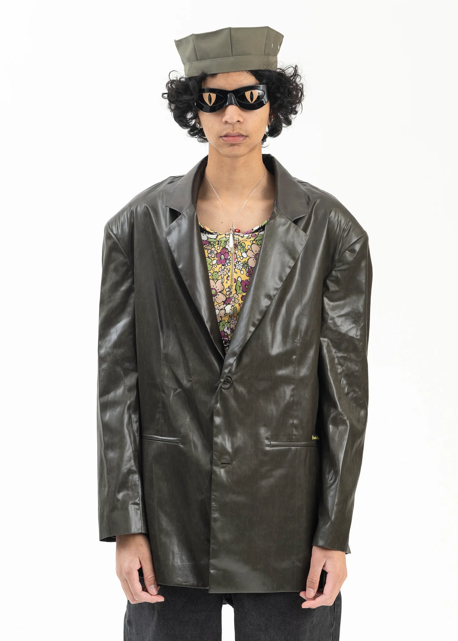 WET LOOK KHAKI EMPTY SINGLE BREASTED JACKET