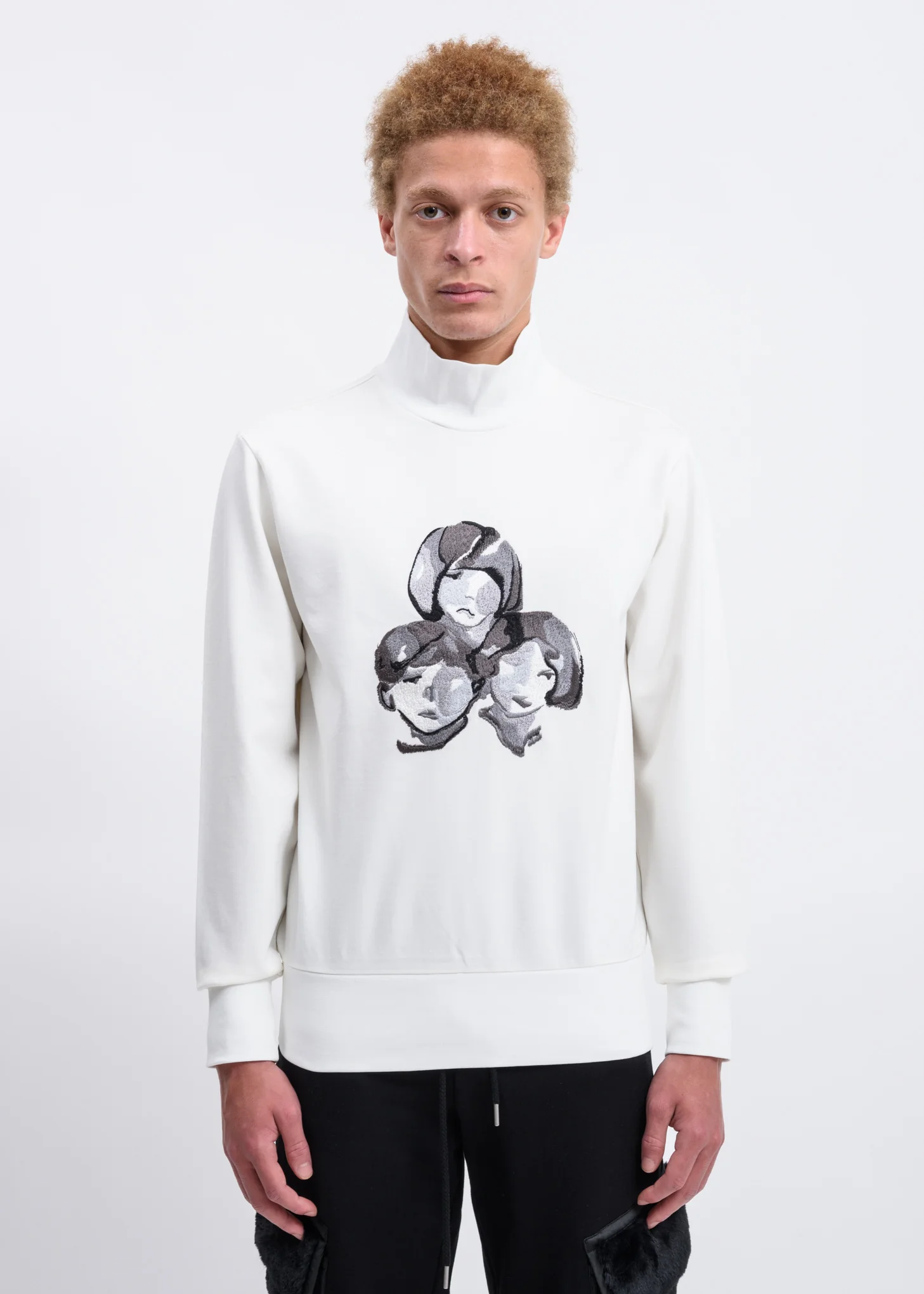 White 3-Portrait Embroidered Sweater