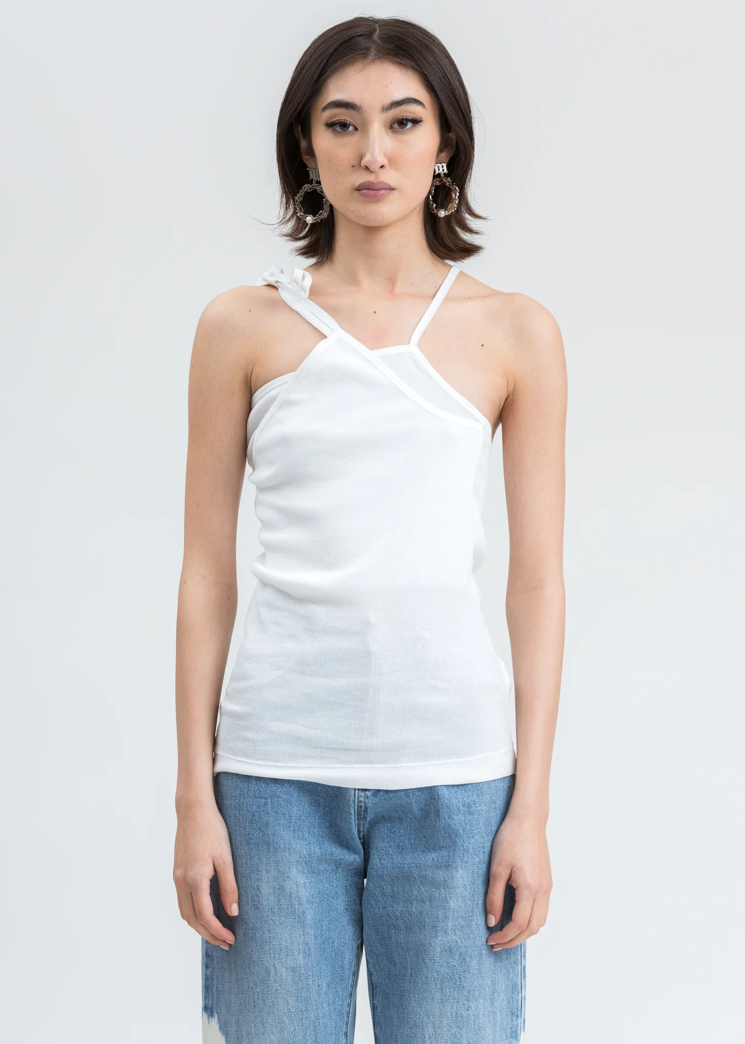 White Asymmetric Rib Slip Tank Top