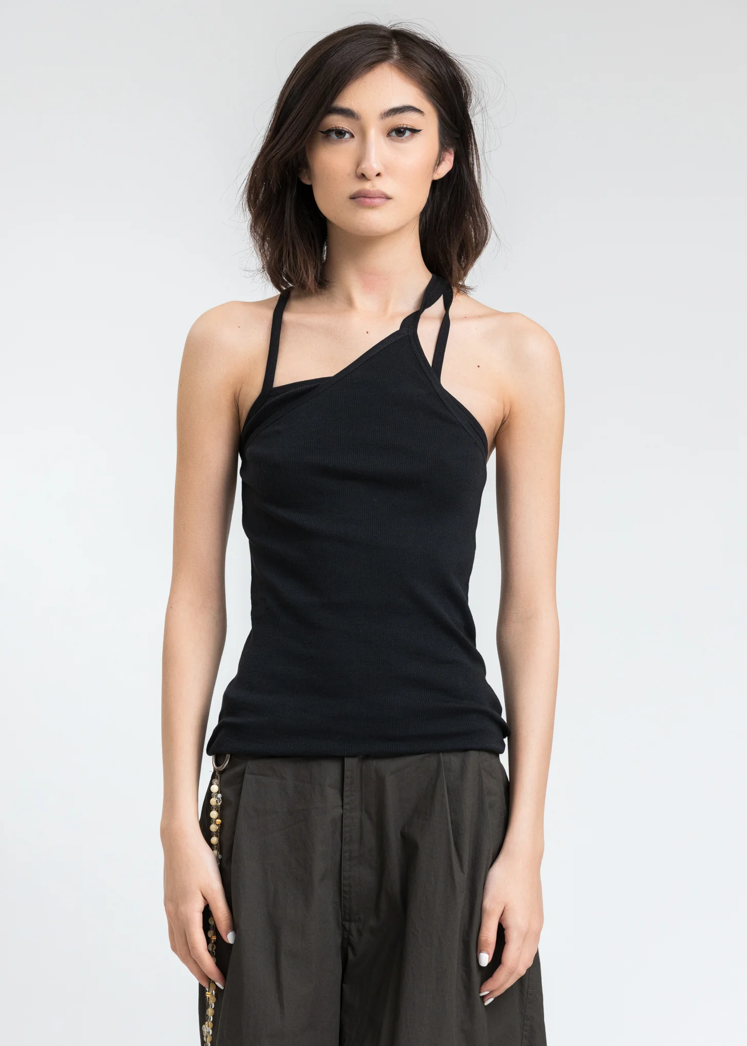 Black Asymmetric Rib Slip Tank Top