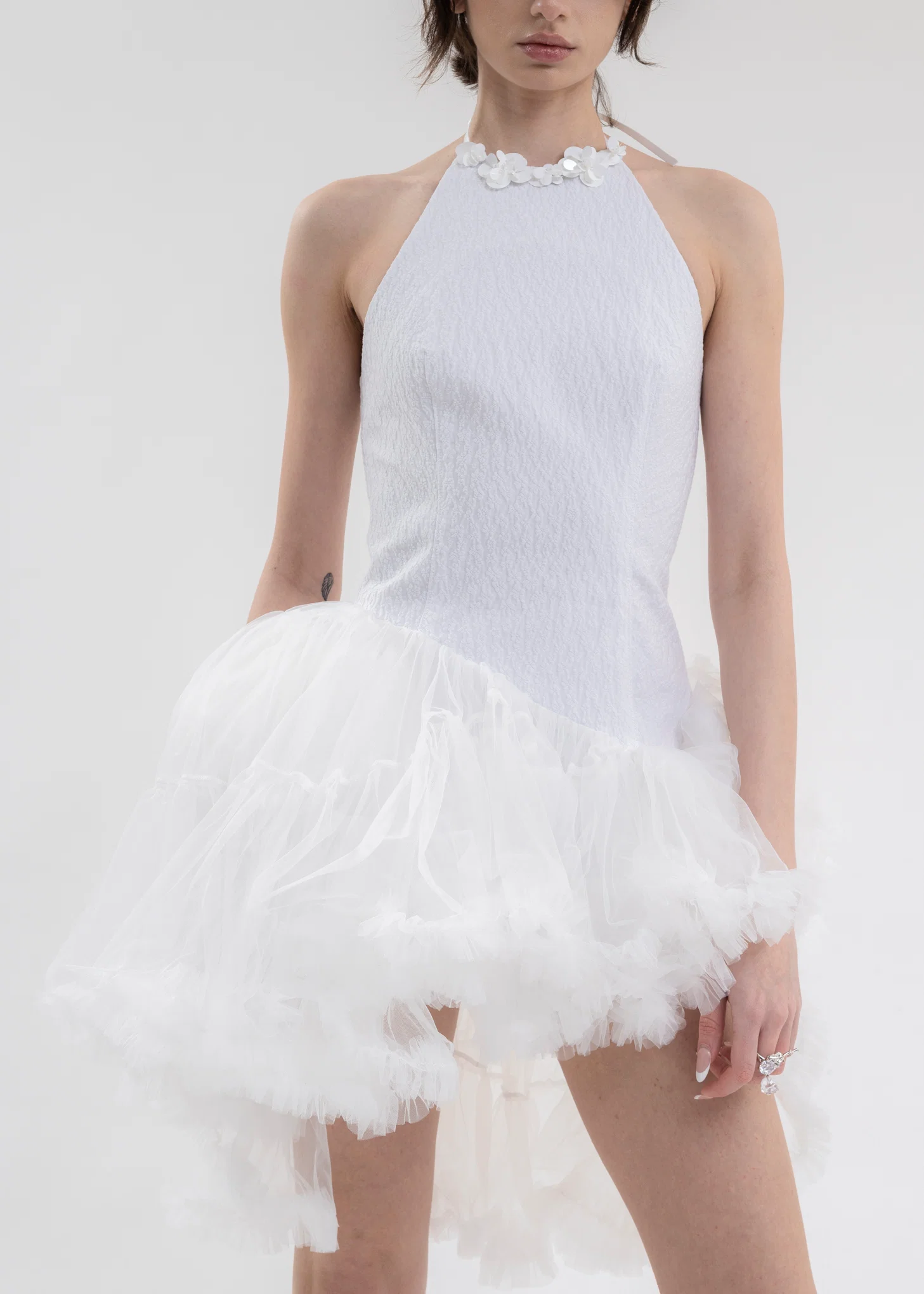 White Asymmetric Tulle  Dress - Image 3