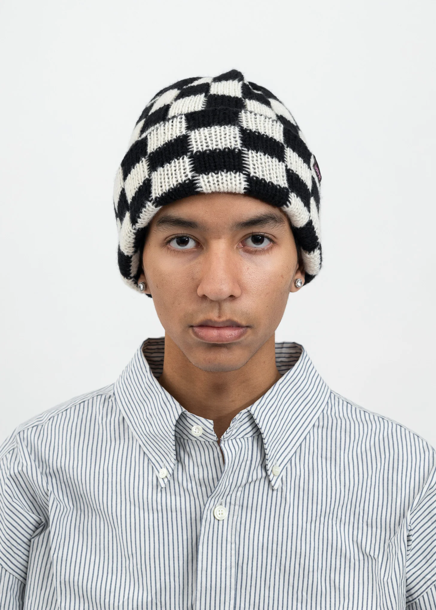 White/Black Checked Beanie - Image 4
