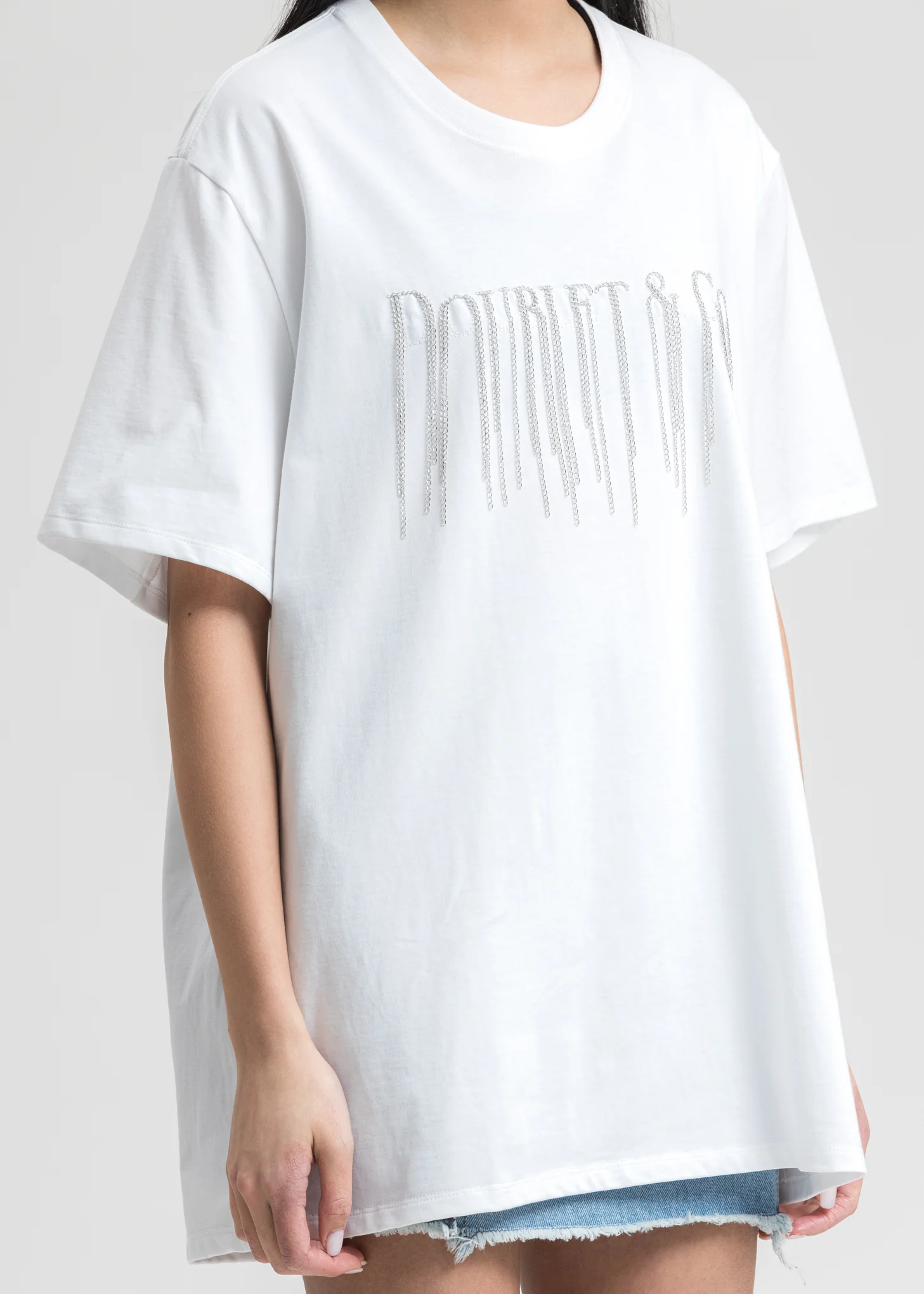 White Chain Fringe Embroidery T-Shirt - Image 2