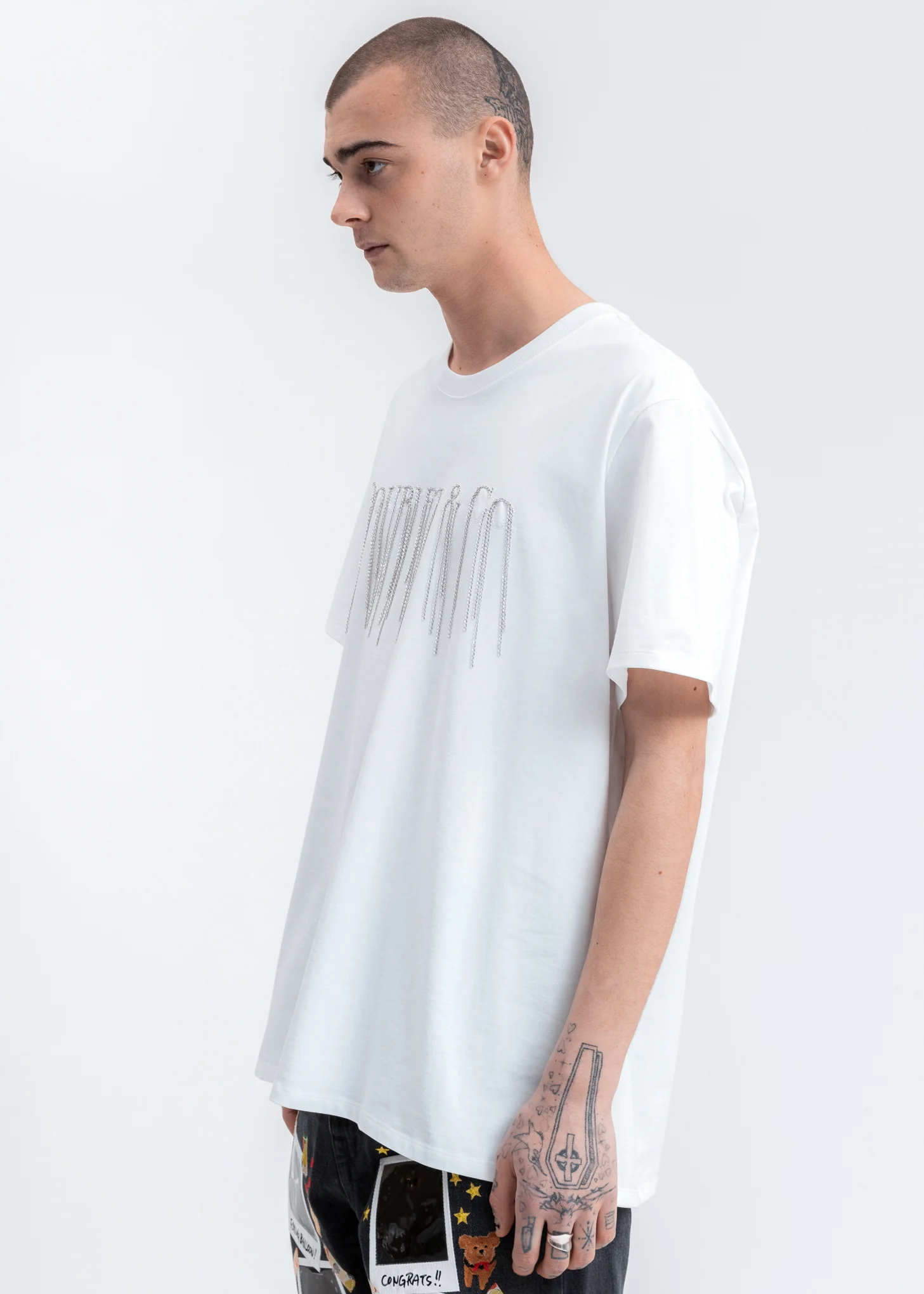 White Chain Fringe Embroidery T-Shirt - Image 3