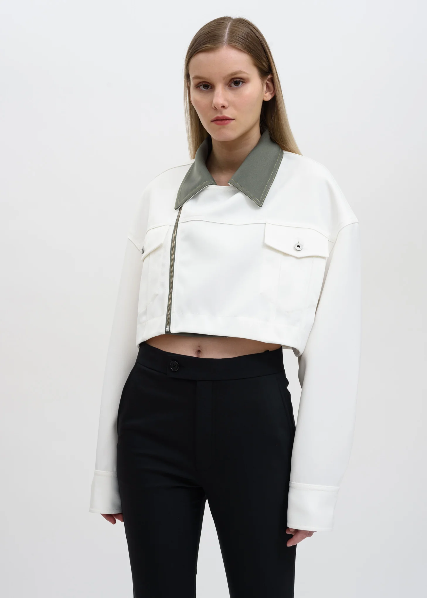 White Color Blocked Double Breasted Jacket