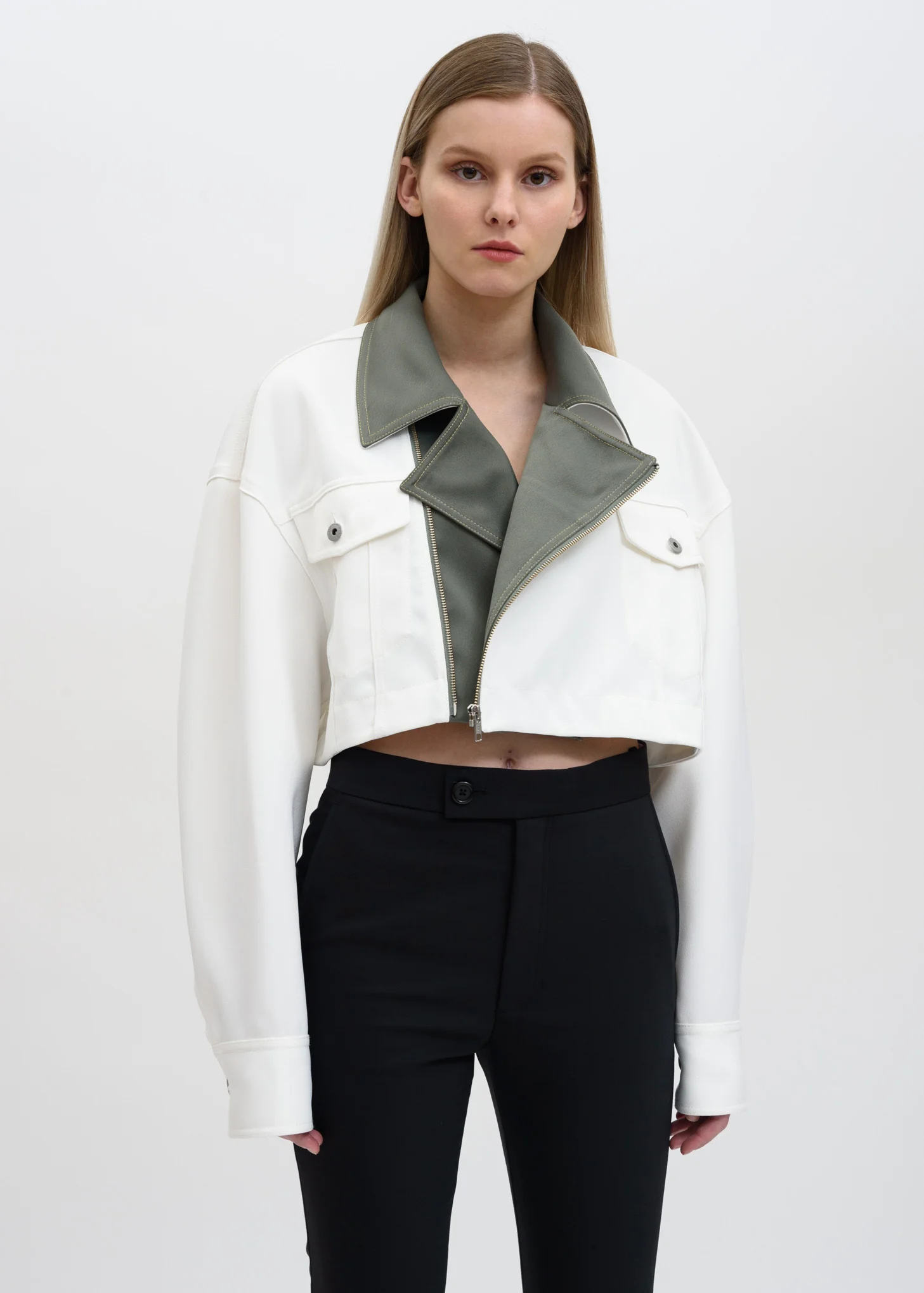 White Color Blocked Double Breasted Jacket - Image 2