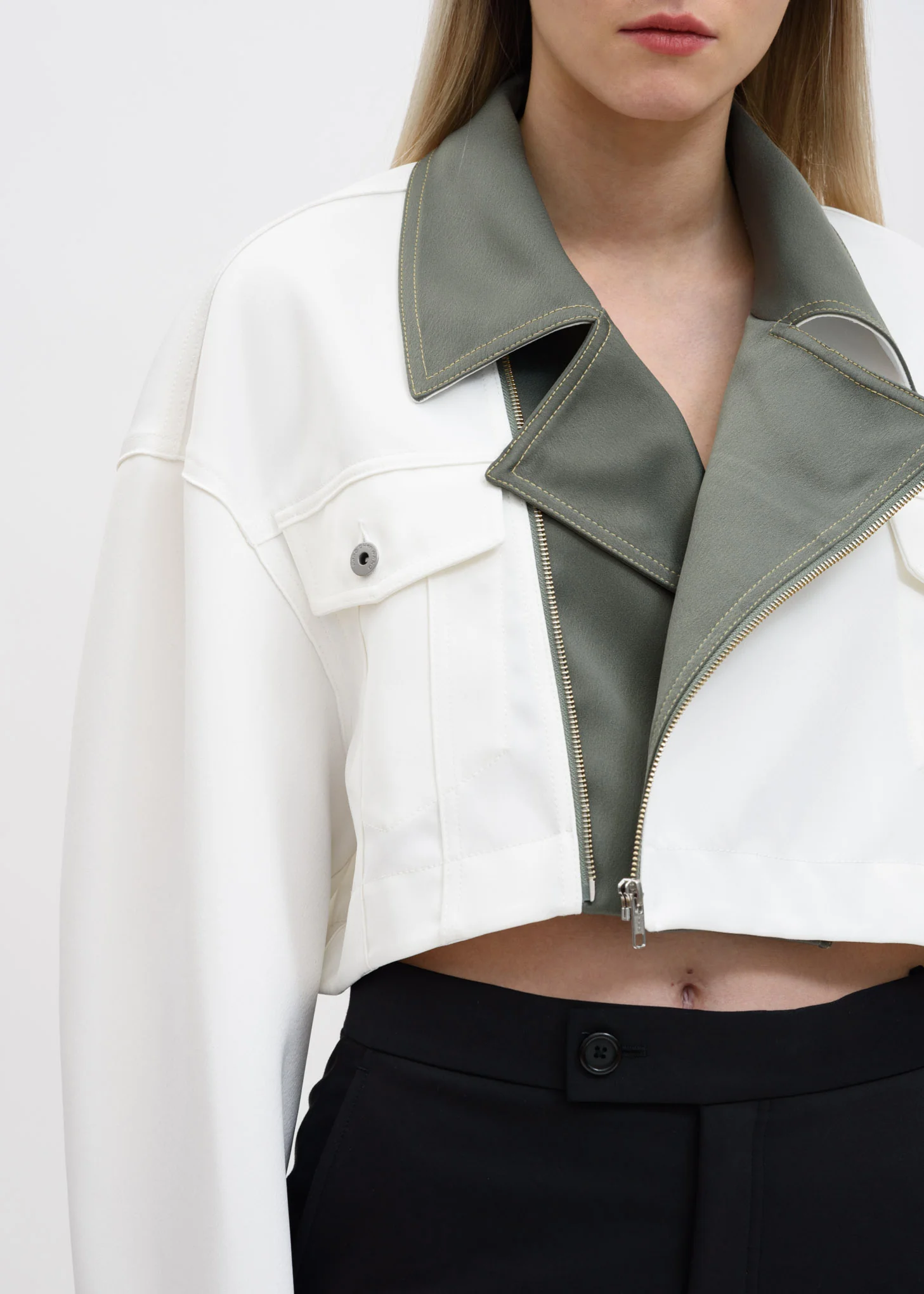 White Color Blocked Double Breasted Jacket - Image 4