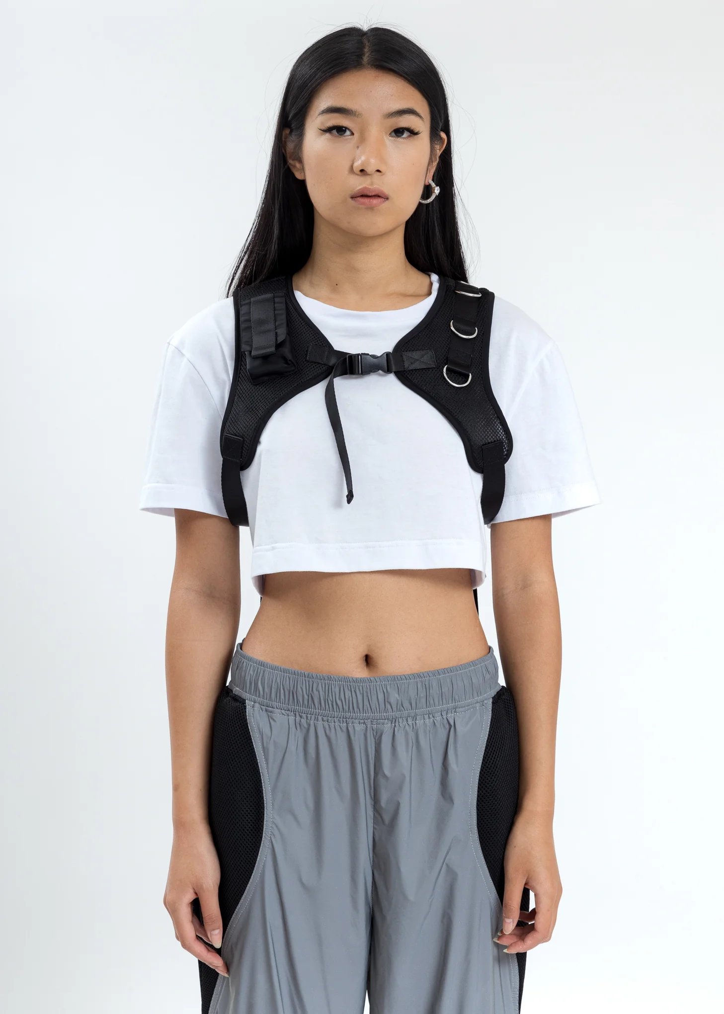 White Crop T-Shirt With Chest Harness