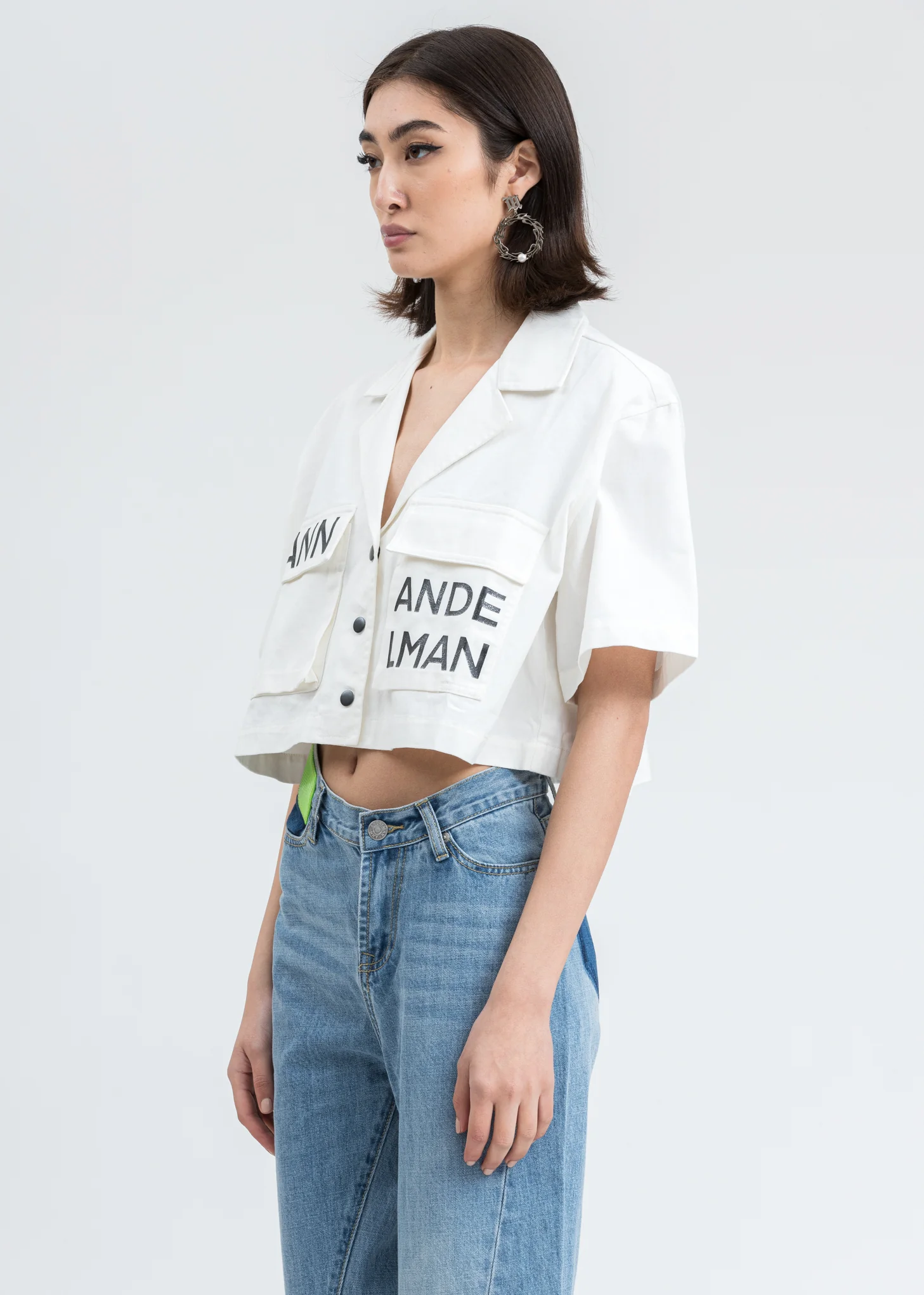 White Cropped Pocket Shirt - Image 3