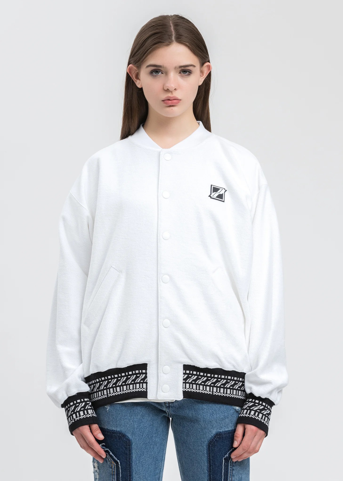 White Cropped Washed Logo Print Jacket