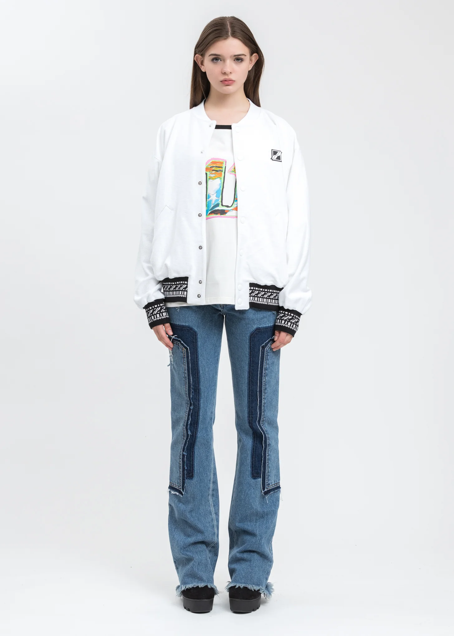 White Cropped Washed Logo Print Jacket - Image 5