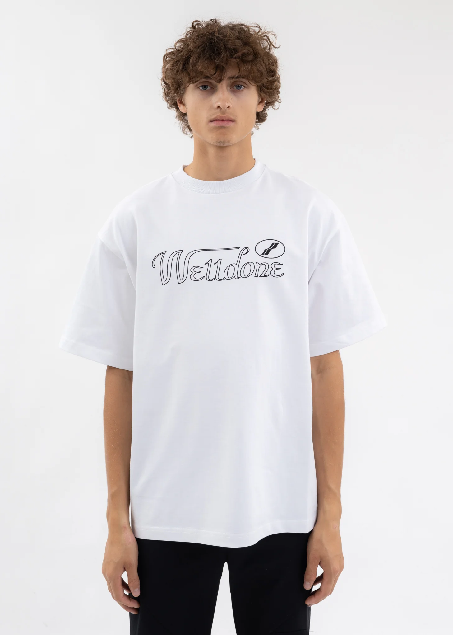WHITE CURSIVE SYMBOL LOGO LARGE T-SHIRT
