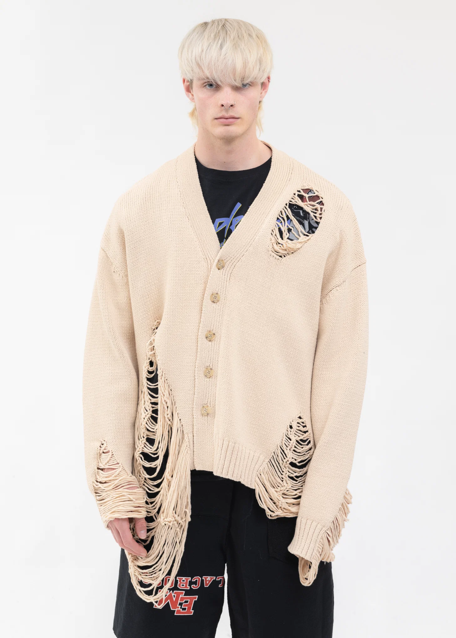 White DAMAGE COTTON KNIT CARDIGAN