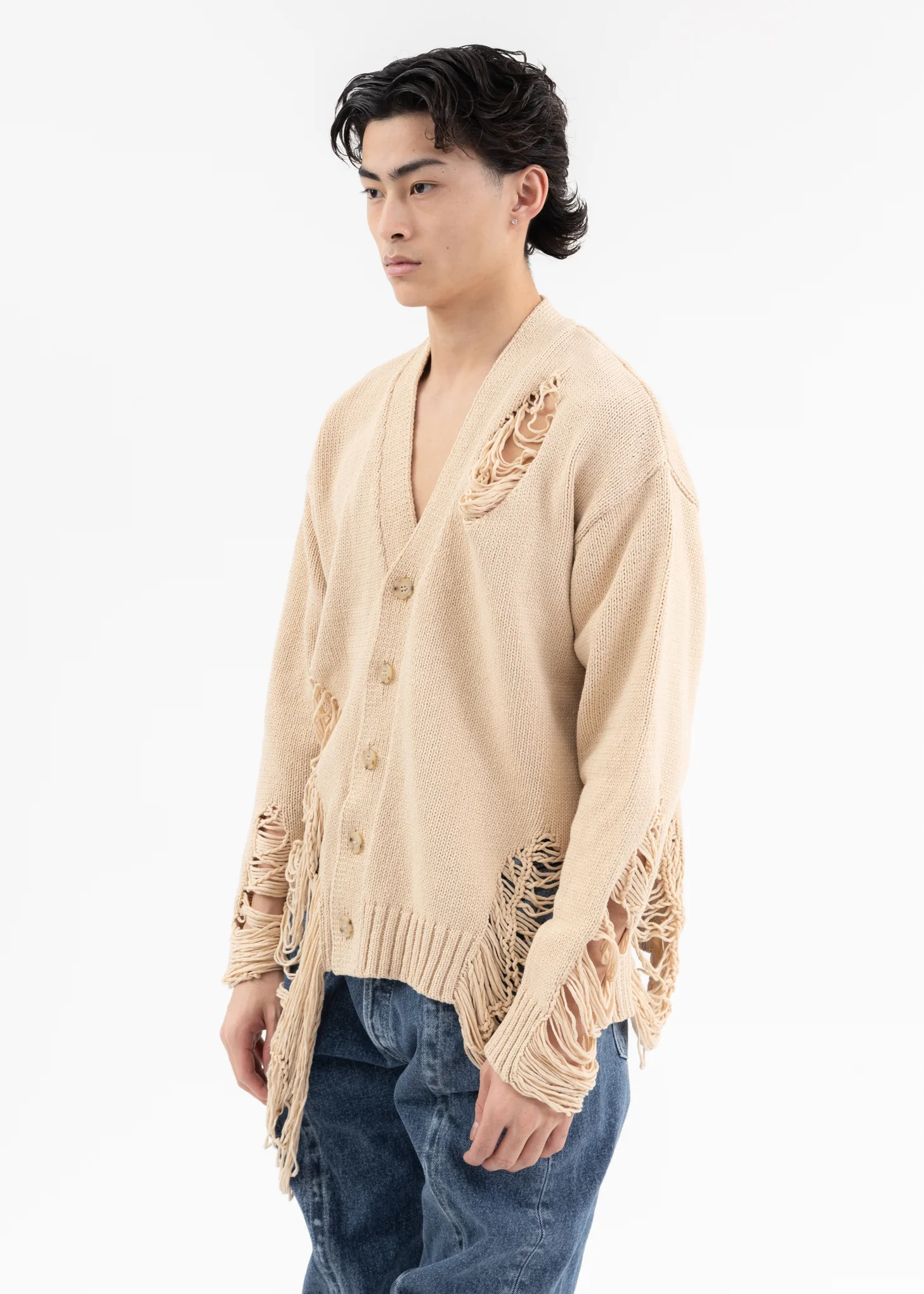 White DAMAGE COTTON KNIT CARDIGAN - Image 3