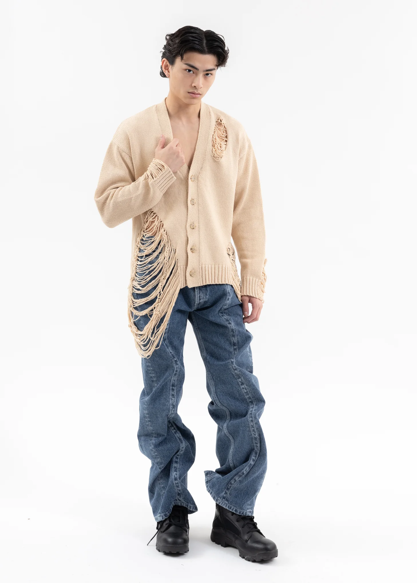 White DAMAGE COTTON KNIT CARDIGAN - Image 6