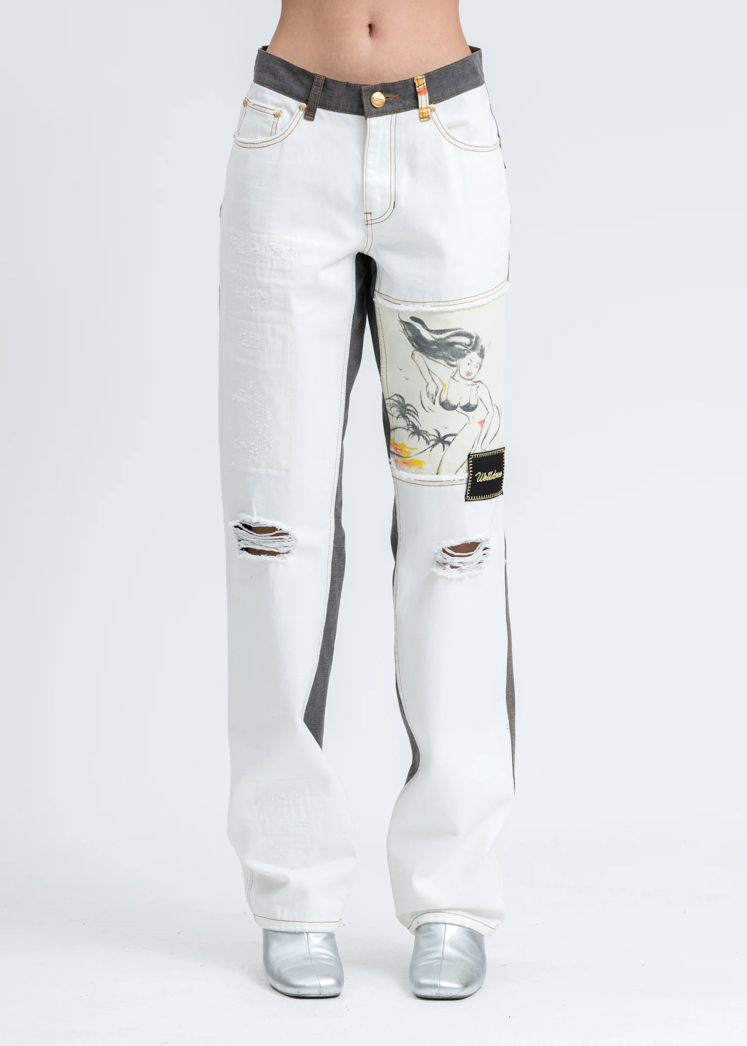 White Damage Washed Patch Work Denim Jeans