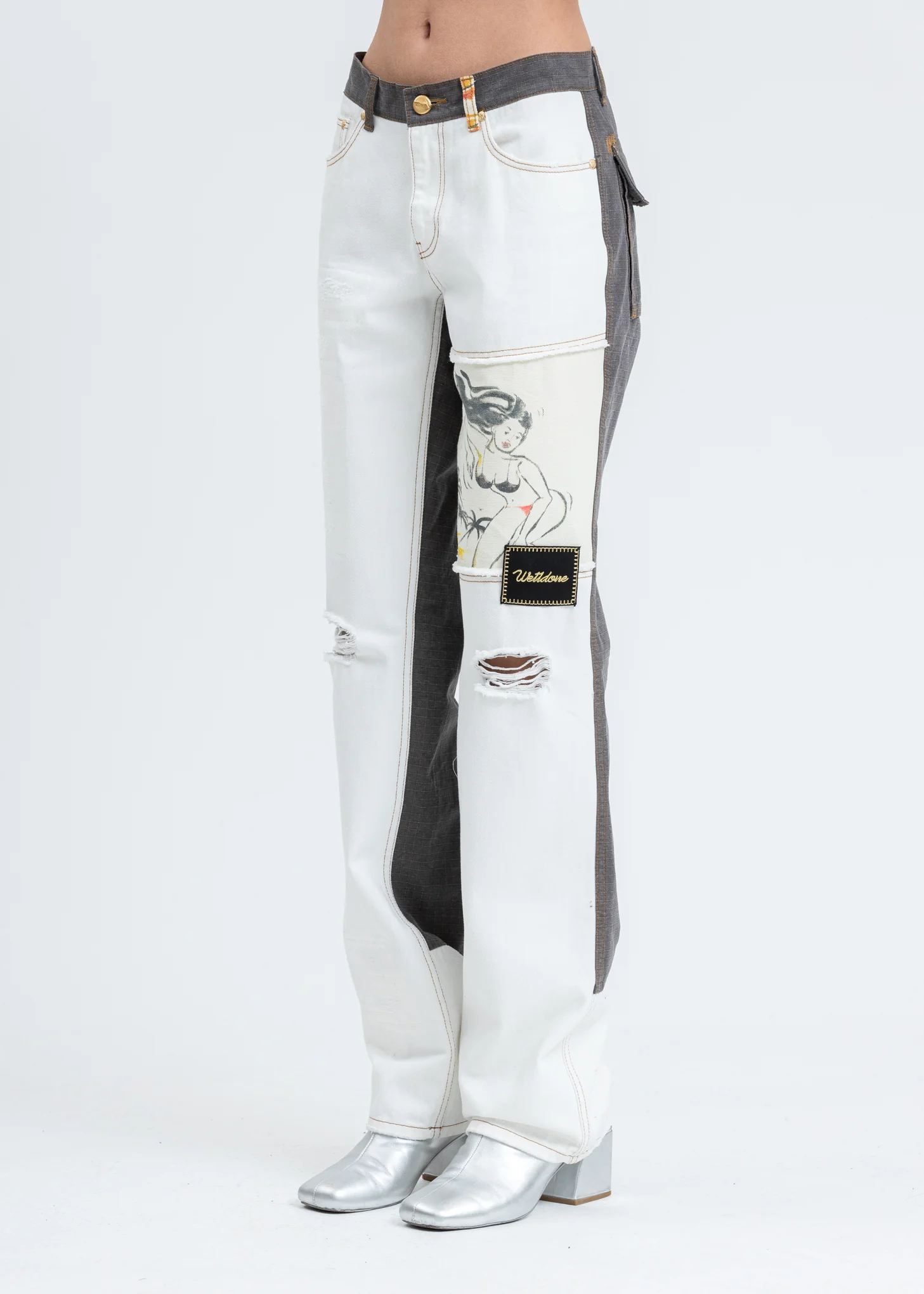 White Damage Washed Patch Work Denim Jeans - Image 3
