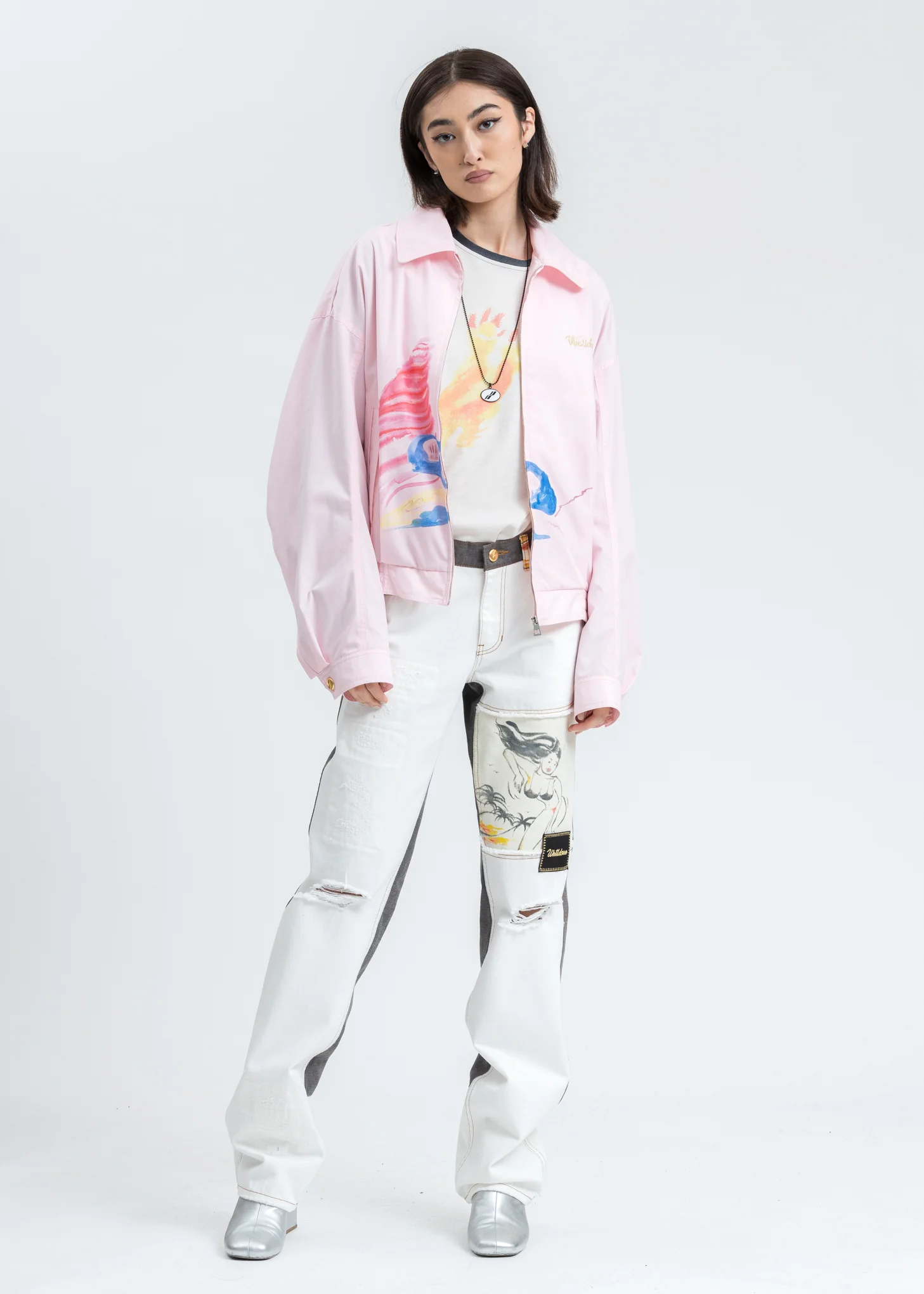 White Damage Washed Patch Work Denim Jeans - Image 6