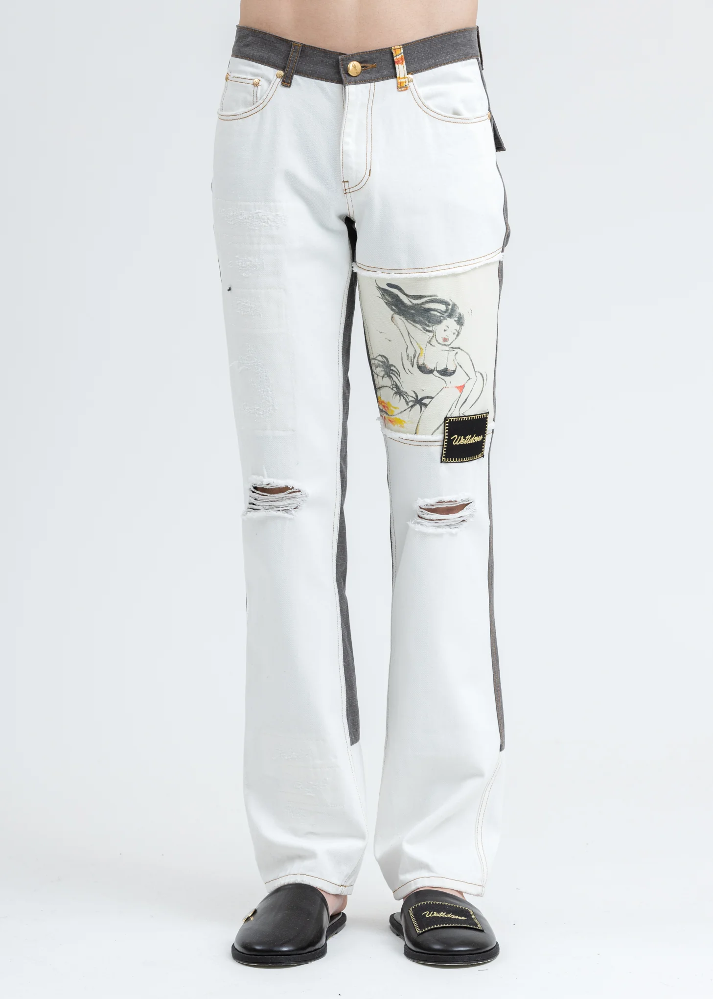 White Damage Washed Patch Work Denim Jeans