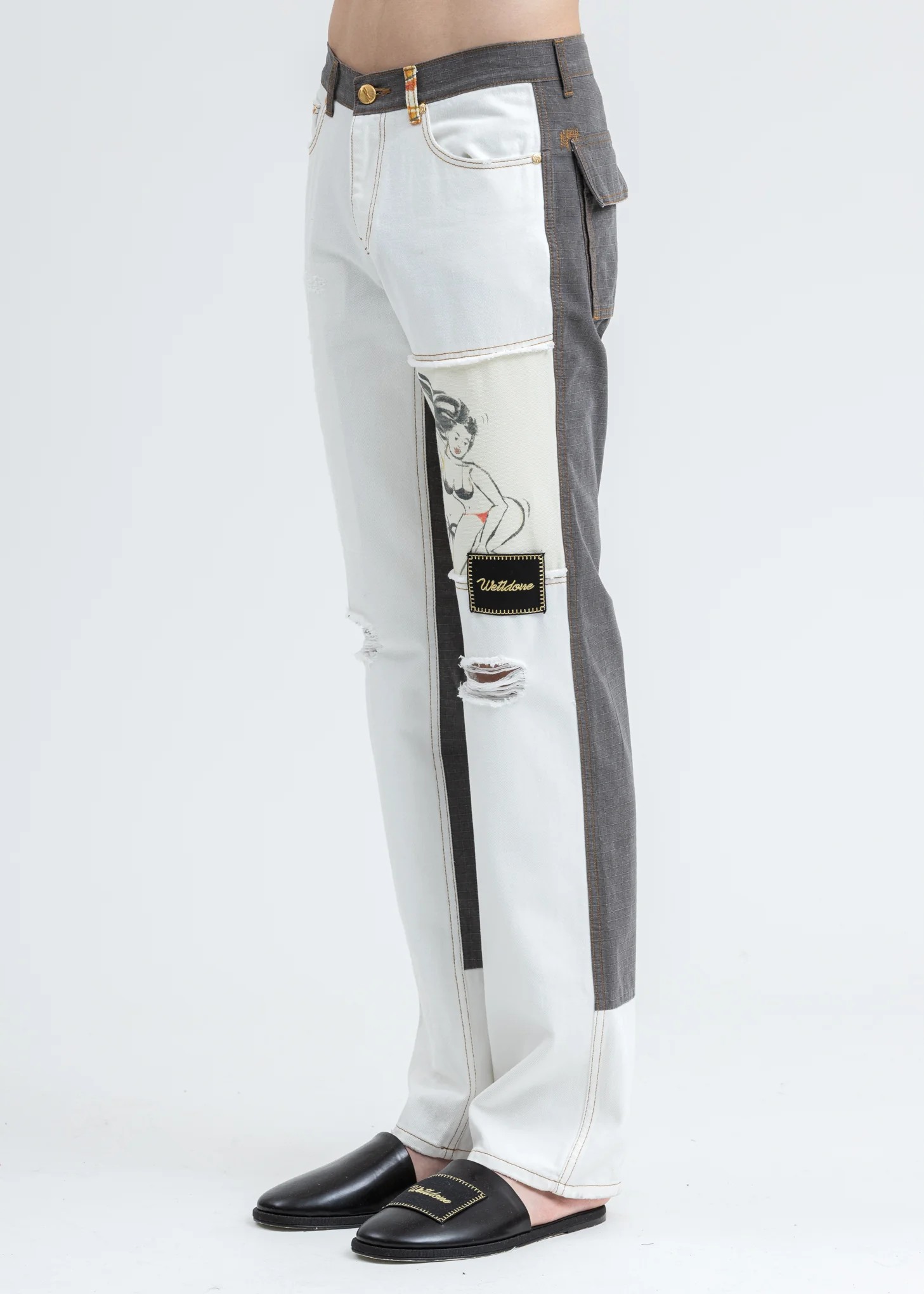 White Damage Washed Patch Work Denim Jeans - Image 3
