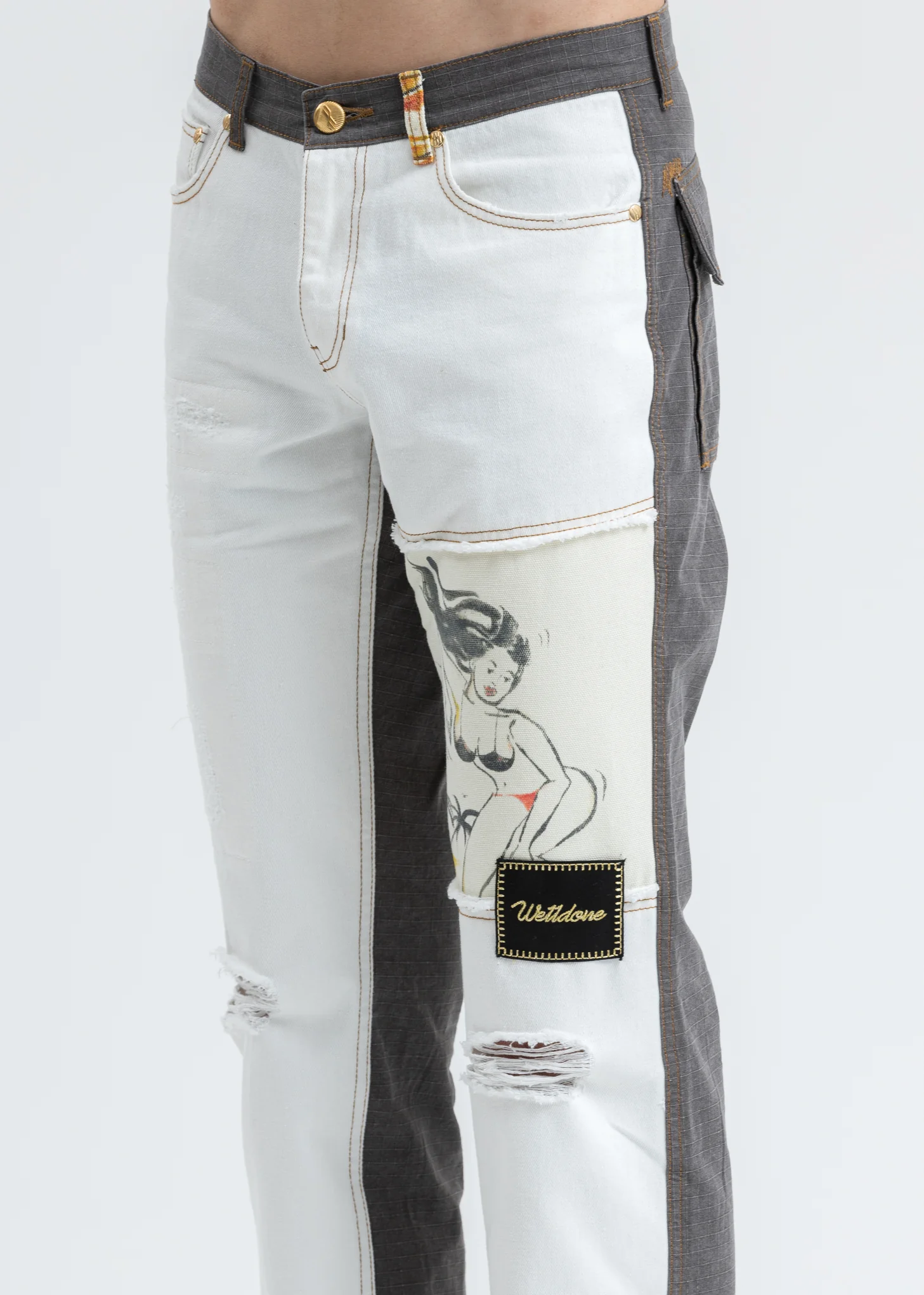 White Damage Washed Patch Work Denim Jeans - Image 5