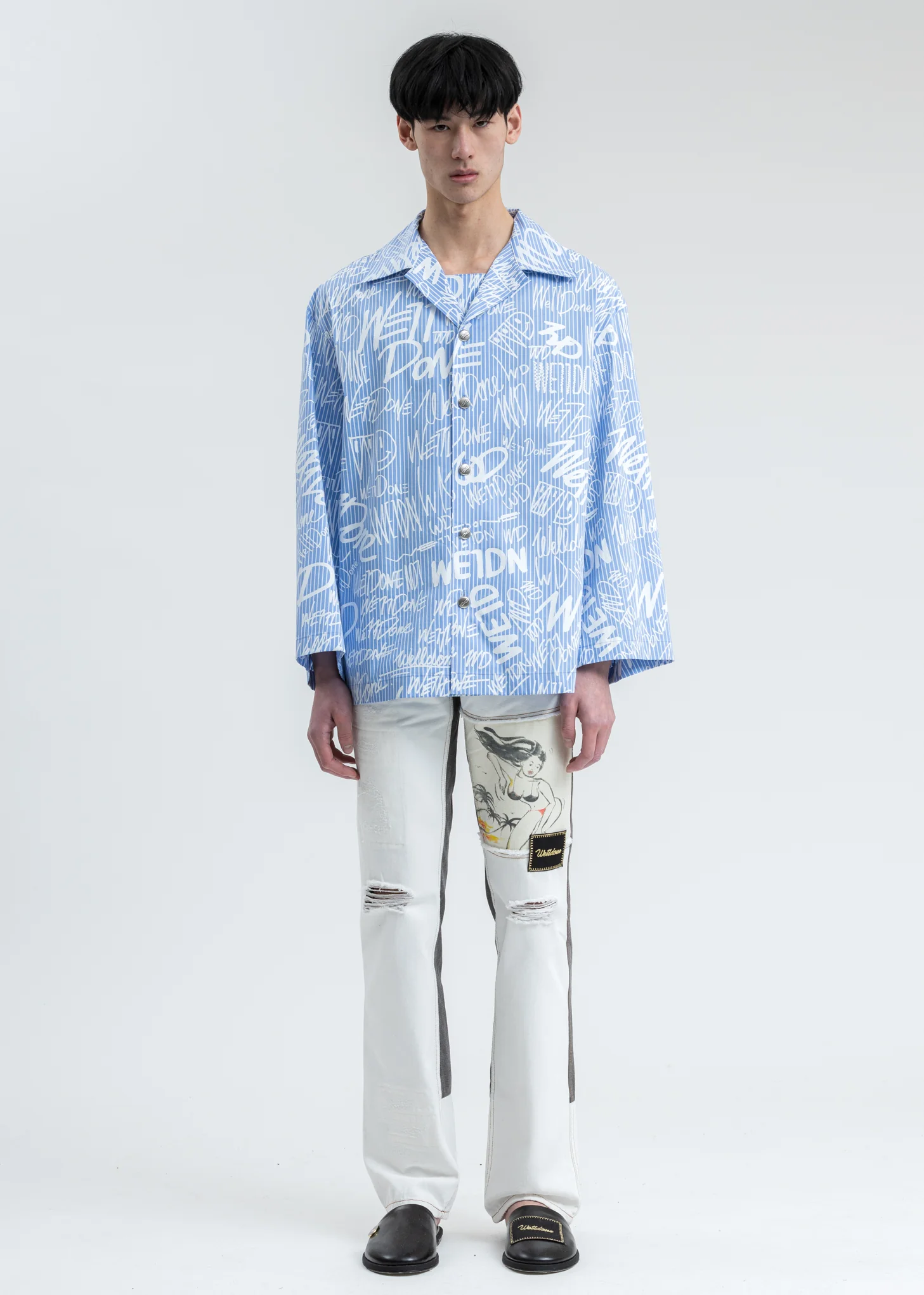 White Damage Washed Patch Work Denim Jeans - Image 6