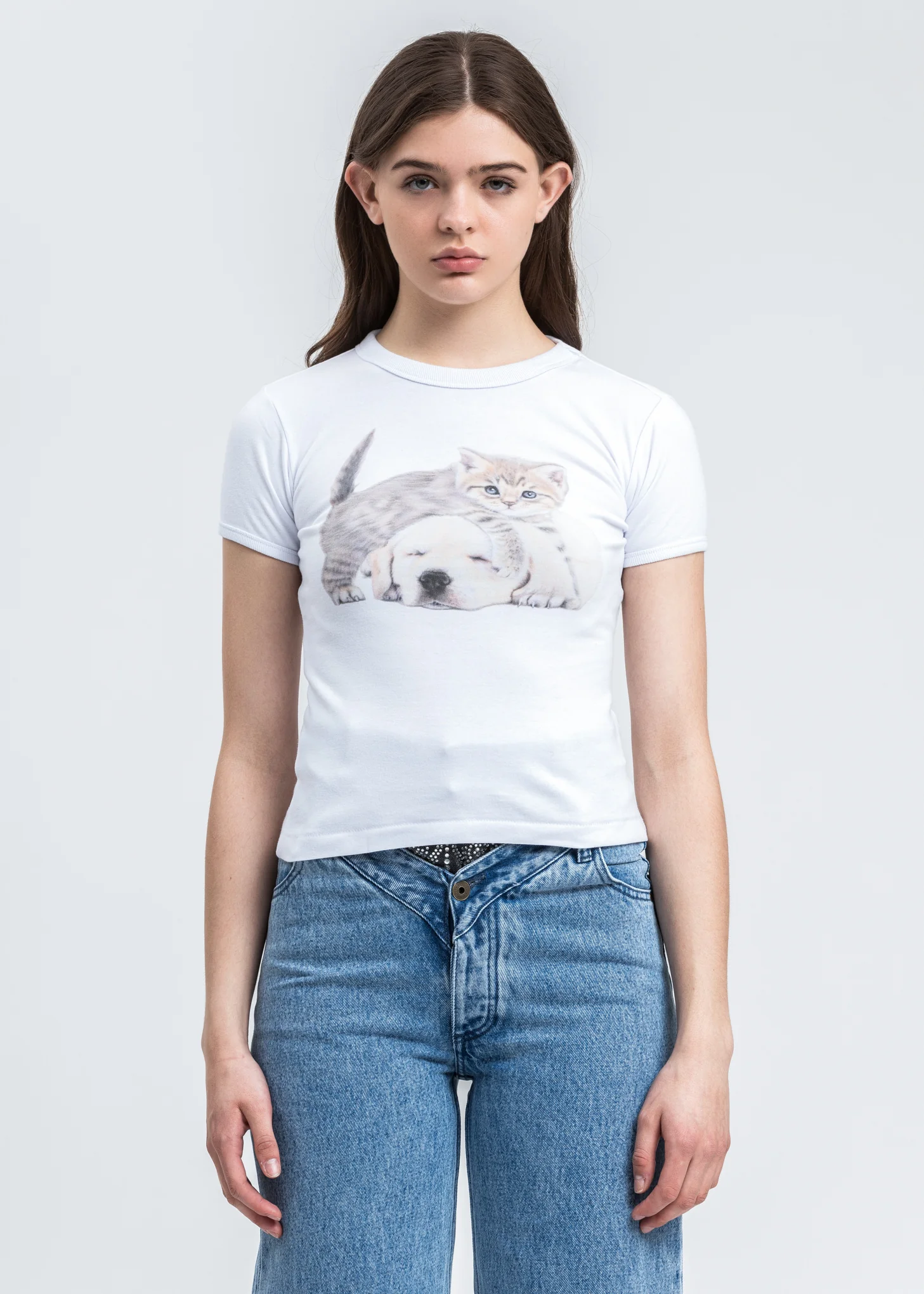 White Digital Kitten And Puppy T-Shirt