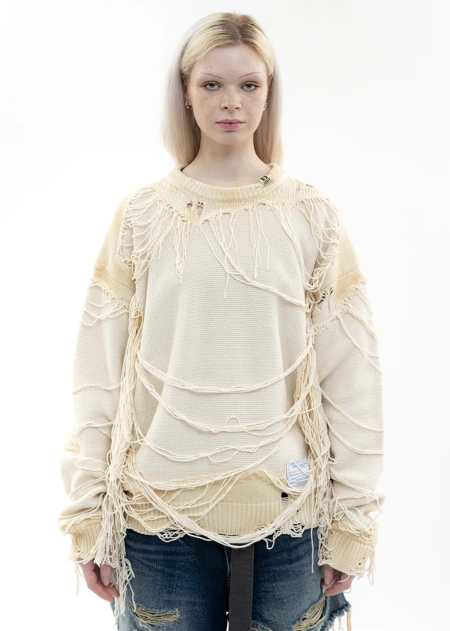 White Distressed Knit Pullover