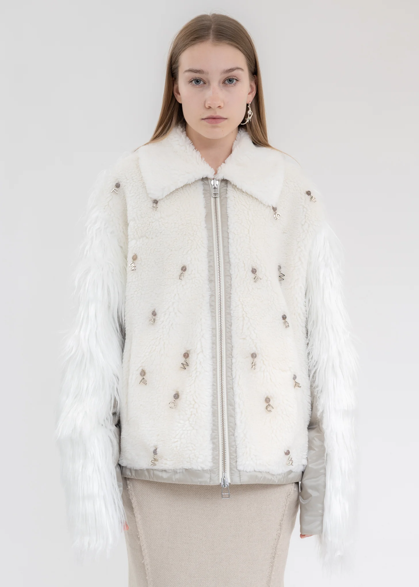 White Faux Fur Metal Embellishment Fleece Jacket